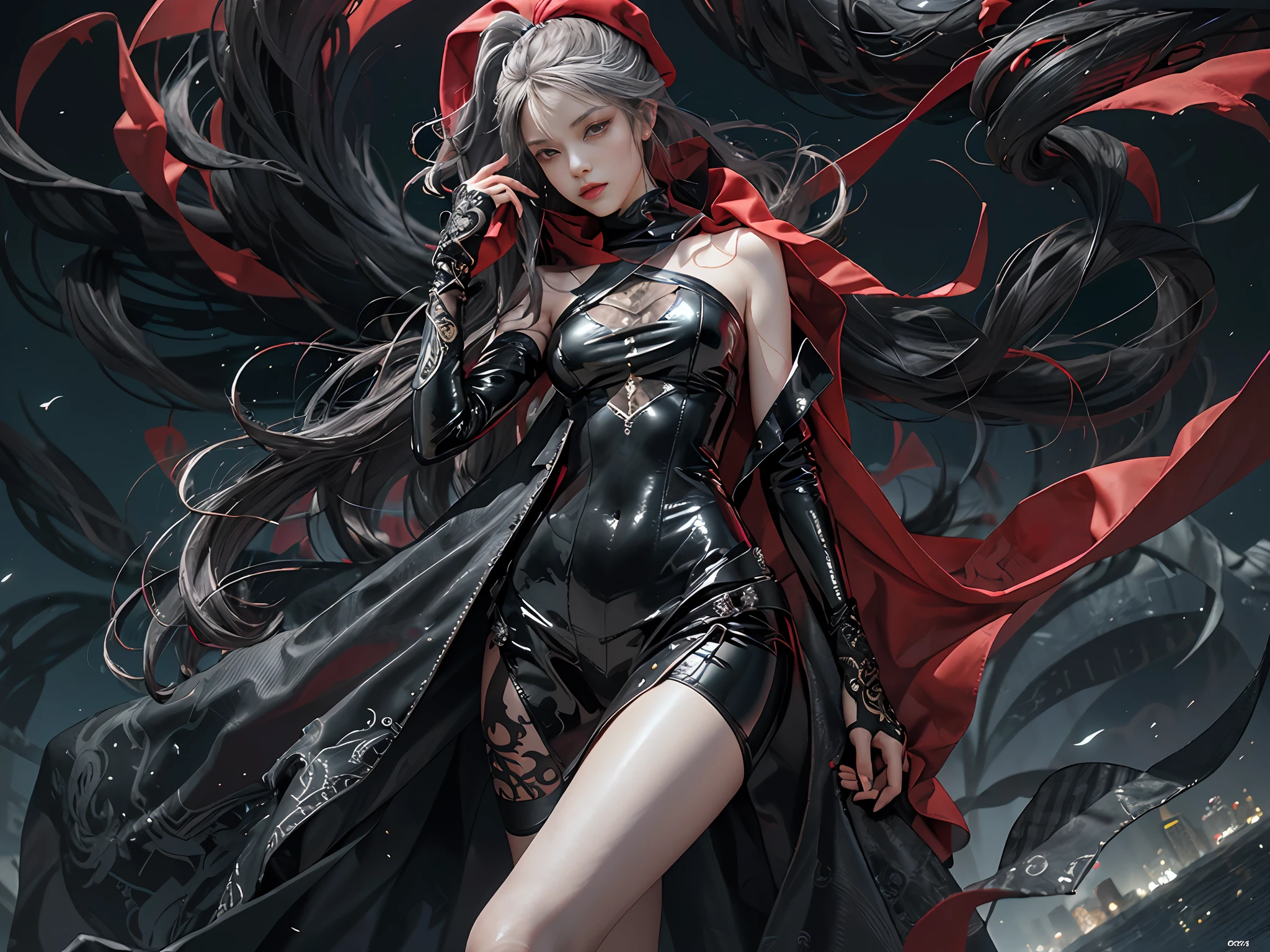 (rich pictures, Masterpiece quality) ,Exquisite 8K CG artwork,Hyperspectral Imaging, insanely detailed and intricate, hypermaximalist, elegant, ornate, hyper realistic, super detailed,Dark night,1 female Phantom Thief lurks on 1 crane,Slim,long thin legs , Reflective silver ponytail is messed by the wind,The red scarf flutters in the wind，Skyscrapers around her,Black latex tights,complex and delicate details,ridiculous style,