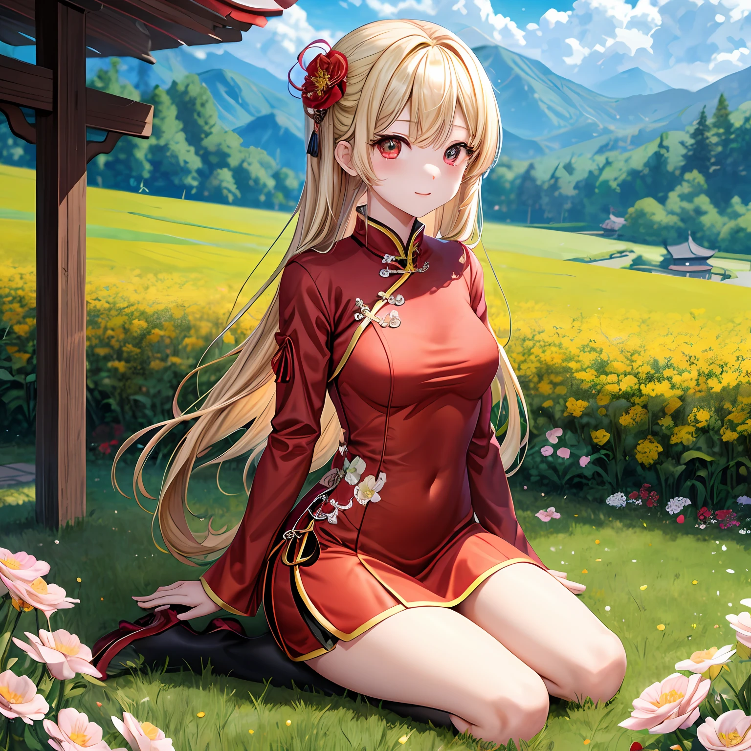 a blond、red eyes、Beautiful girl alone、kawaii、独奏、animesque、qipao dress、a miniskirt、flower field、sitting on