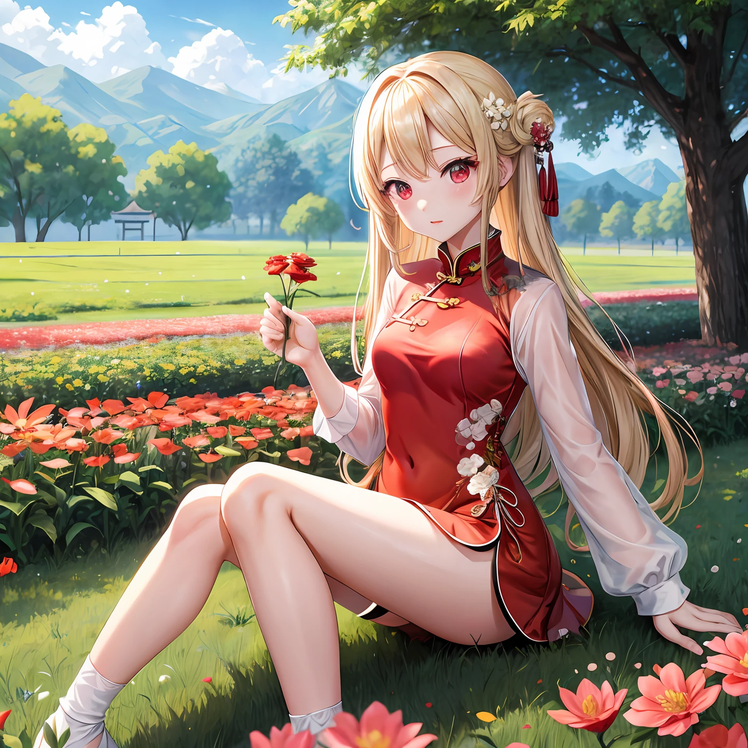 a blond、red eyes、Beautiful girl alone、kawaii、独奏、animesque、qipao dress、a miniskirt、flower  field、sitting on