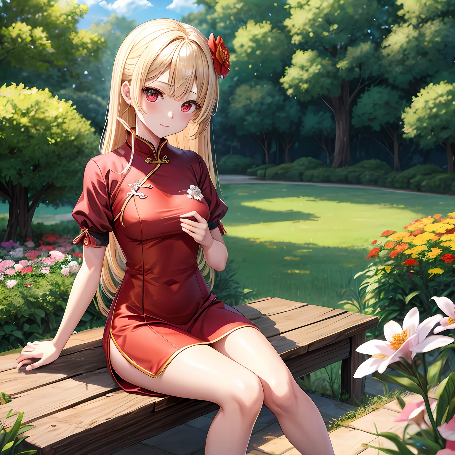 a blond、red eyes、Beautiful girl alone、kawaii、独奏、animesque、qipao dress、a miniskirt、flower field、sitting on