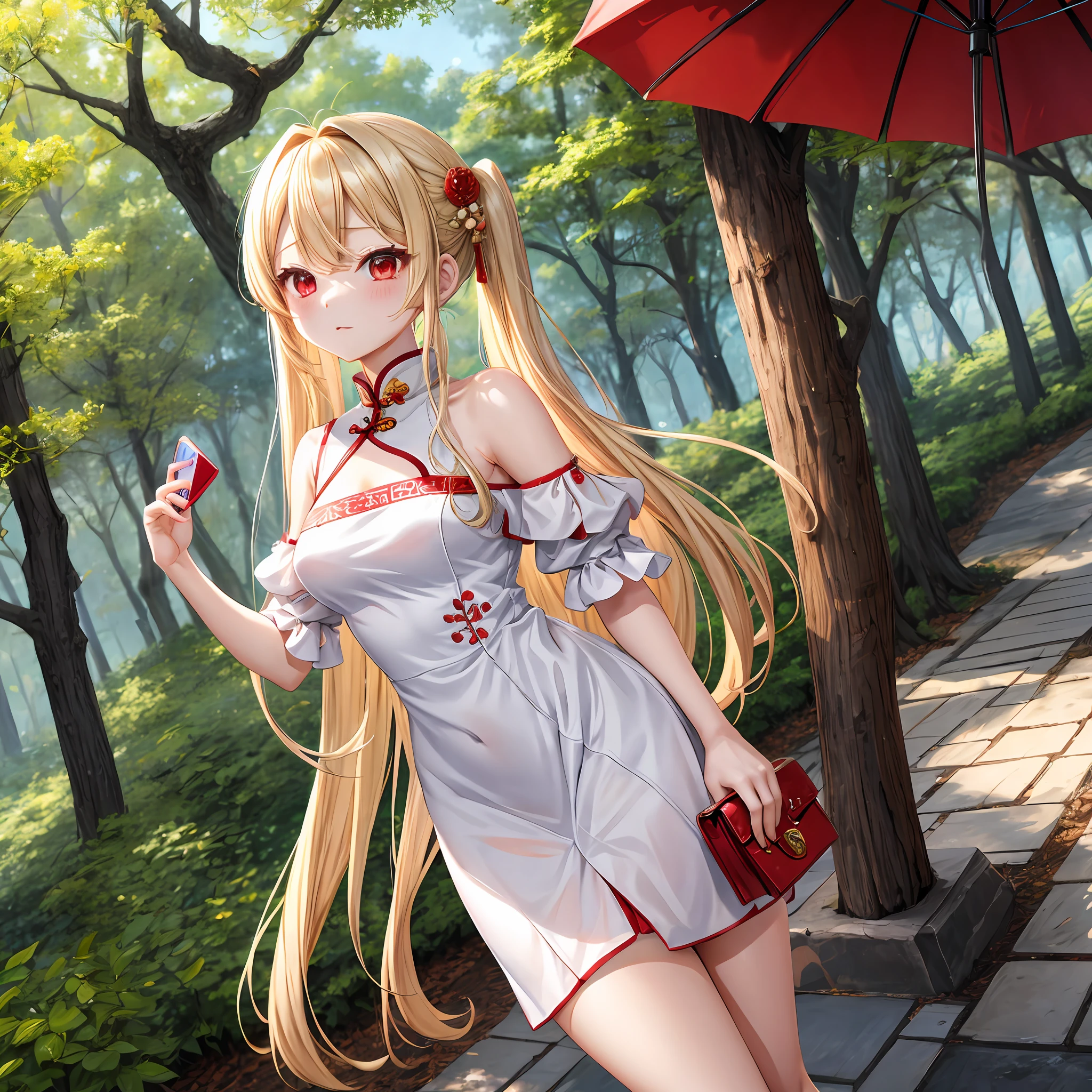 a blond、Hair is up、red eyes、Beautiful girl alone、kawaii、独奏、animesque、qipao dress、off shoulders、a miniskirt、in woods