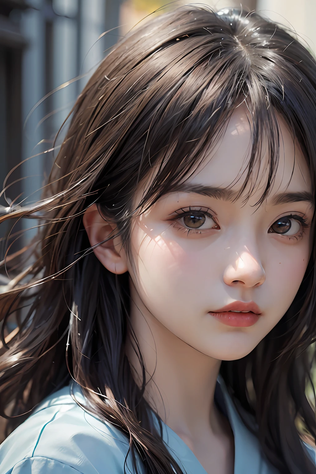 Portrait of a female hyperrealist by David Hockney and Alphonse Mucha、Fantasyart、Photorealsitic、动态照明、art  stations、poster for、Volumetric lighting、extra detailed face、4 k、Award-winning、、1girl、dark、deep-shadows、lowkey、In the street、(校服:1.4)、length hair、A dark-haired、iced、unclear