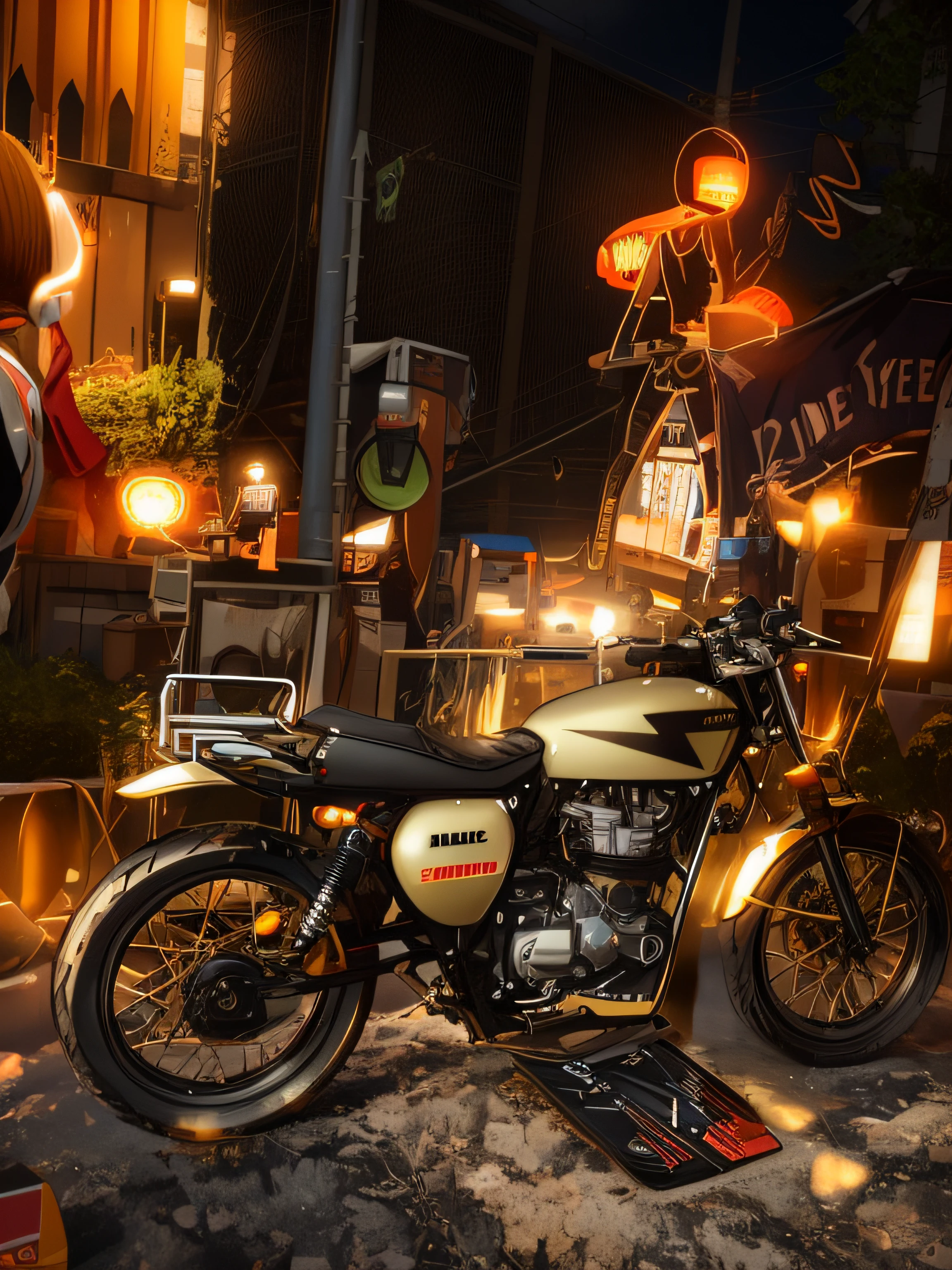 (nvinkpunk:1.2) snthwve style motorcyle, lightwave, sunset, intricate, highly detailed, black colour,
