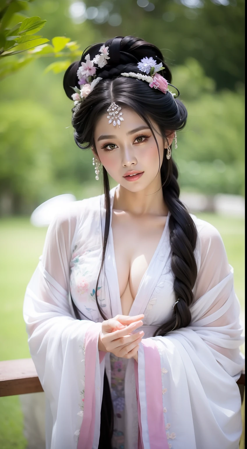 Fashion model  [[[[closeup cleavage]]]], [[[[boobgasm]]]], [[[[coll]]]], [[[[bshoulders]]]], perfect  eyes, Perfect iris，perfect lips，perfect teeth，Perfect skin，Long face，Soft front light，HDR，filmgirl,White period costume，Green leaves and flowers in the background，（pastel colour：1.2）