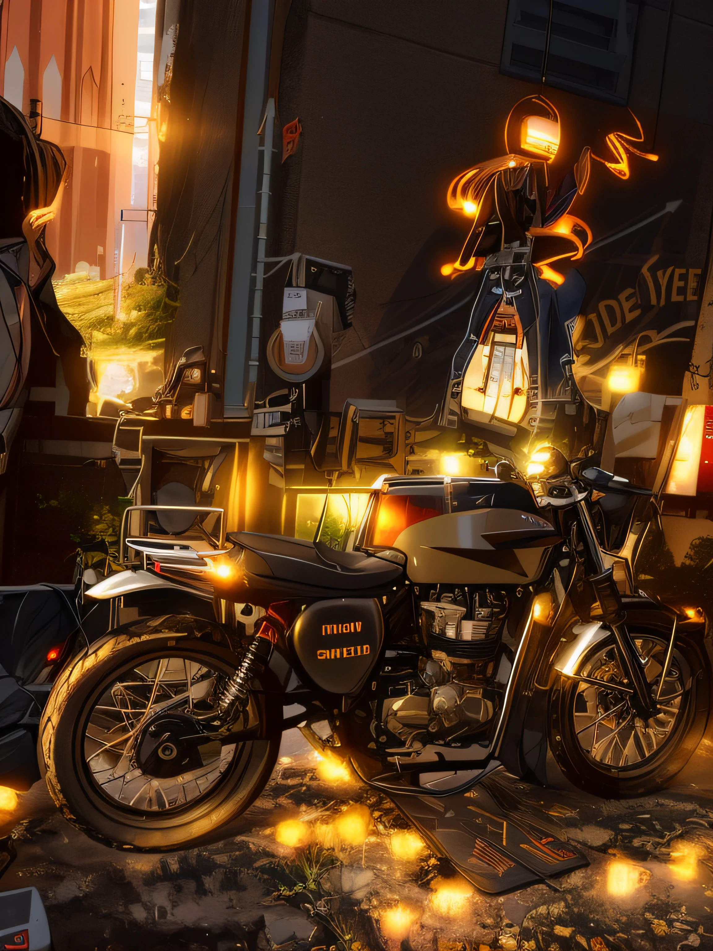 (nvinkpunk:1.2) snthwve style motorcyle, lightwave, sunset, intricate, highly detailed, black colour,