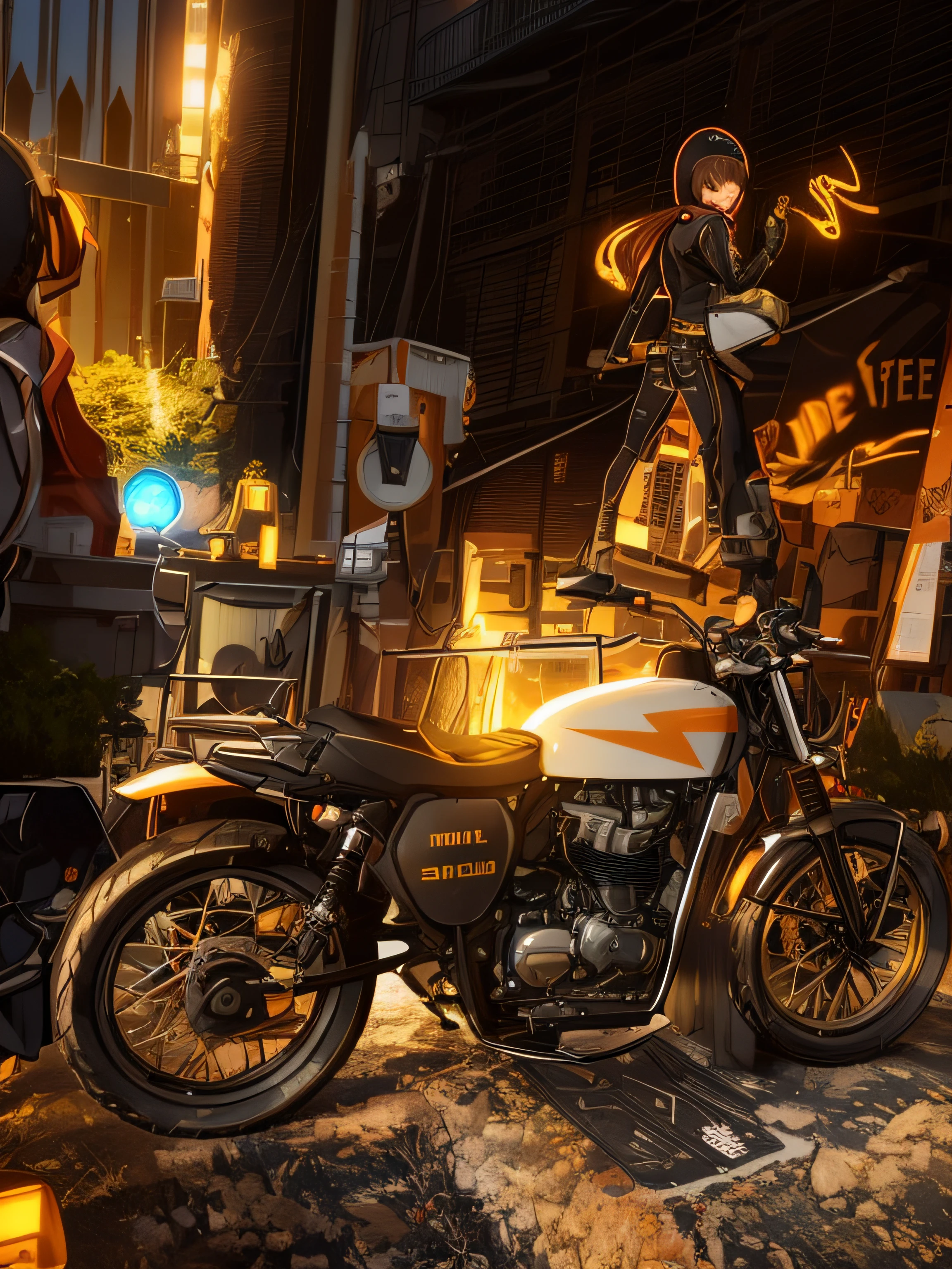 (nvinkpunk:1.2) snthwve style motorcyle, lightwave, sunset, intricate, highly detailed, black colour,