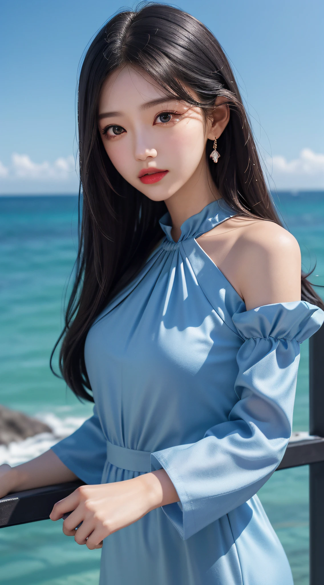 (tmasterpiece:1.2), best qualtiy, A high resolution, Unity 8k壁纸, (illustratio:1.0), beatiful detailed eyes:, Extremely detailed face, perfect litthing, extremaly detailed cg, 1girll, black_eyes, black_hair, blue_background, blue_sky, daysies, halter, cparted lips, long_hair, looking_at_viewer, nase, the ocean, exteriors, Photorealsitic, photorealestic, red_lips, Skysky, 独奏, upper_body,Ruffle sleeve dress, ventania, Her expressive eyes twinkled with secret,中景 the scene is,romantic atmoshere,