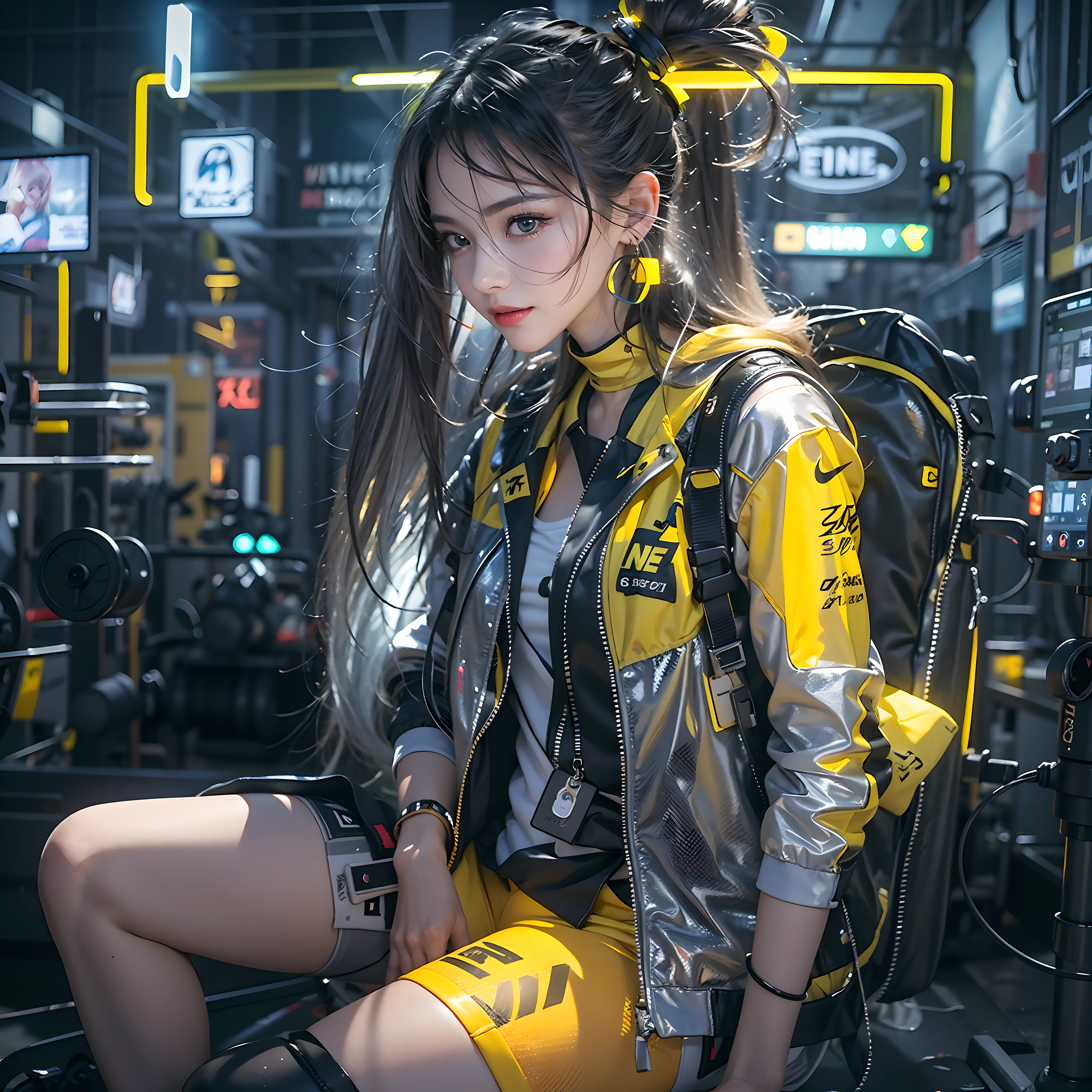 Best quality,tmasterpiece,Ultra-high resolution fills the picture,Indoor at night,Neon lights,Yellow color scheme,Rich yellow,Silver-gray hair,Yellow and white tights,Yellow and white color scheme clothing,the complex background,Weight instruments in the background,High-tech screen in the background,Lateral face,Smiling,Dress less,There are fitness elements in the rear,nike,nike,nike,Tech gym,Perfect makeup,Love eyes,8K quality,Cyberpunk,sense of science and technology,Character backlighting,rim-light,Movement changes,Flowing hairstyle,Loose hairstyle,The number of fingers is refined,6 avatar diagrams,Luminous stud earrings,Luminous digital necklace,Electronic digital watches,The most beautiful girl in mankind,Delicate close-up of the face,Realistic image quality,Super light and shadow,Very good figure,Meticulous,Arrow symbol,Brand sense,English slogan neon,Runway lights,Fitness gym at night