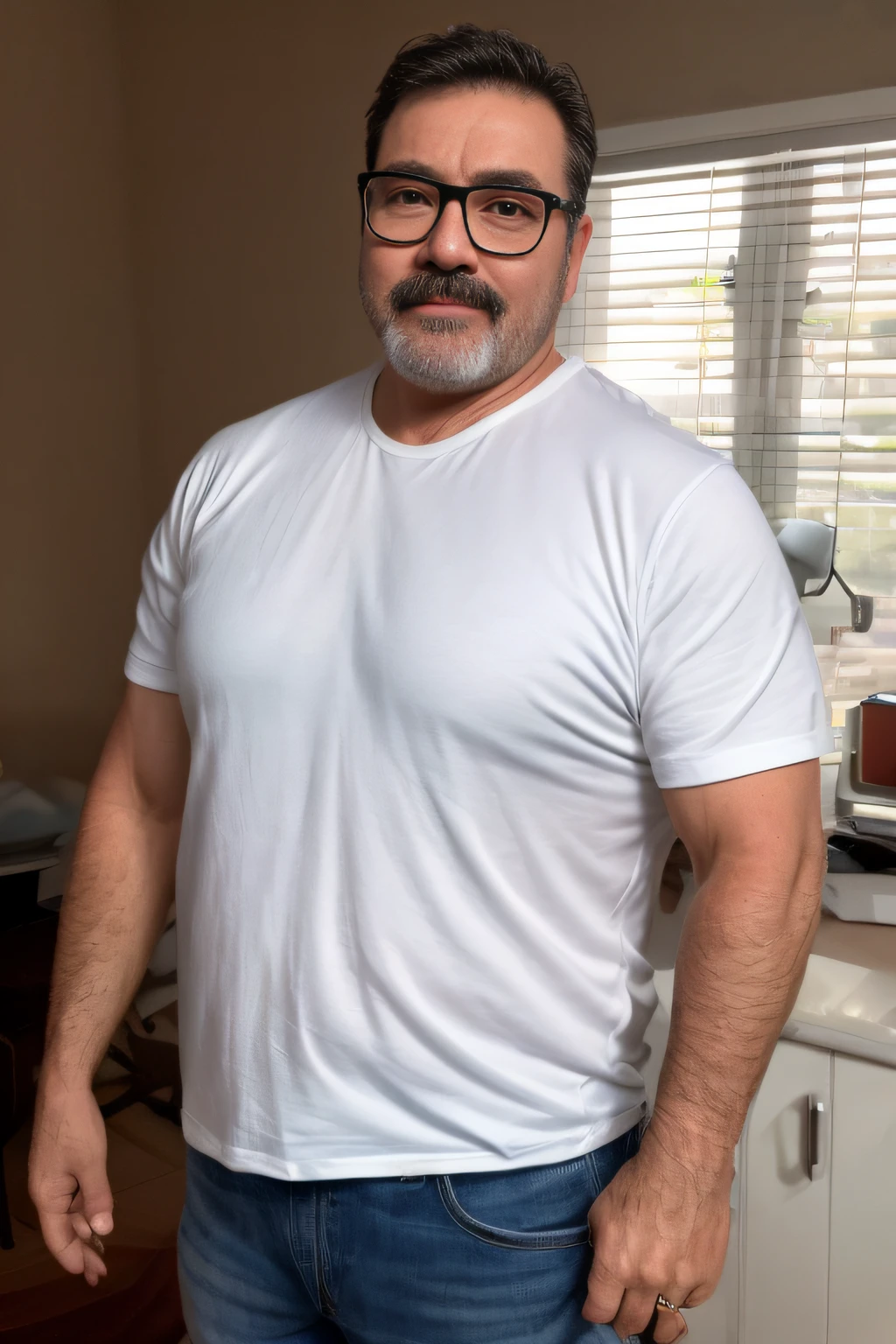 John trying to put on a T-shirt, is rushed, e como tem que se vesrir, segura na boca uma torrada. John is a 50-year-old gentleman, tem bigode e cabelos grisalhos, has a slightly overweight physique and has a high belly, is white and wears glasses.