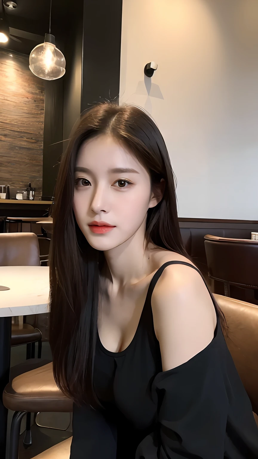 (Realistic, High resolution:1.2), 1 girl, super fine face and eyes, long hair, tight black tank top with black jacket, short jeans, sitting on coffee chair, in café, coffee on table, big breasts