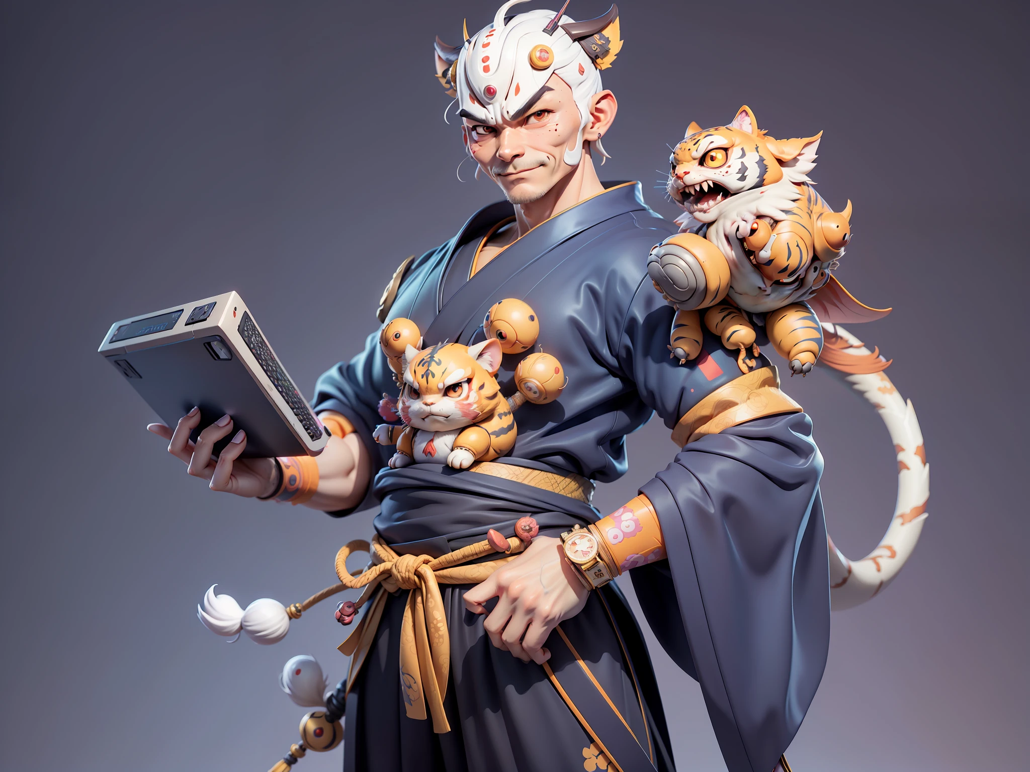 (Daisaku),(Need),(Super meticulous),(full bodyesbian:1.2),Japanese ukiyo-e girl,japanese geisha,Beautiful,Oriental dragon,one tiger,Aeolian Thor,Raised sexy,爆乳,Oriental face,TV Anchor,Bust portrait illustration,Alone,In black suit,a blue tie,The face is slightly chubby,The face was clean,without a beard,Black super short hair,Black eyes,Smile confidently,3C computer sub-products,iPad, iphone,Digital painting,3D character design by Mark Clairen and Pixar and Hayao Miyazaki and Akira Toriyama,The illustration is a high-definition illustration in 4K resolution,With very detailed facial features and cartoon-style visuals。