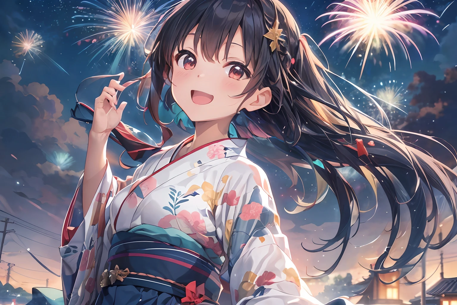 Beautiful Japan girl yukata、(Fireworks in the vast night sky),(top-quality、8K、32K、masterpiece、nffsw:1.3)、(Photorealsitic:1.4)、Raw photography、lite smile、hair adornments,Active Pose、skyrocket、Fireworks glare、depth of fields、lensflare、accurate hands,wakame.wakame,wakame,wakame,wakame,wakame.wakame,wakame,wakame,wakame,wakame.wakame,wakame,wakame,wakame,