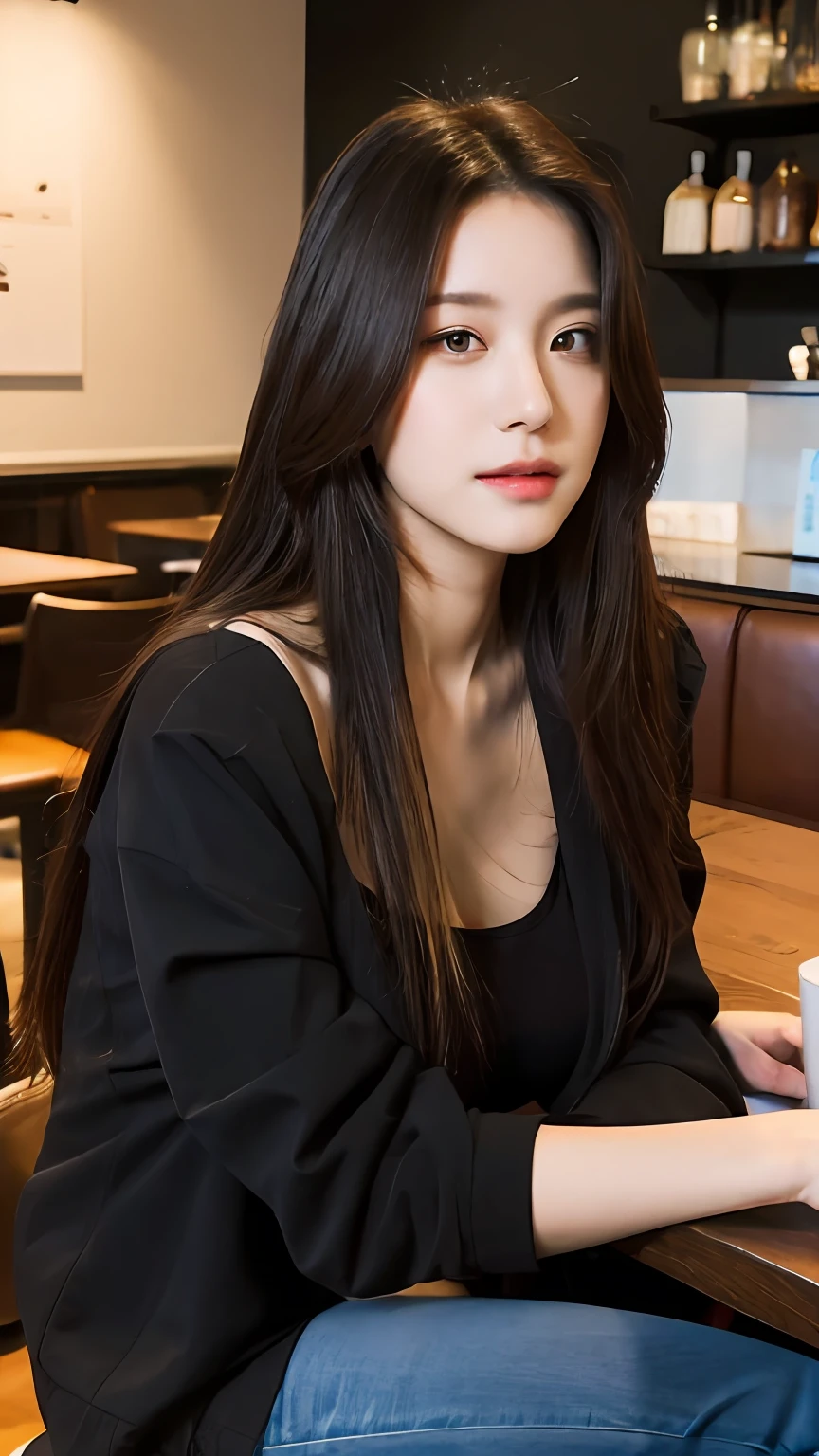 (Realistic, High resolution:1.2), 1 girl, super fine face and eyes, long hair, tight black tank top with black jacket, short jeans, sitting on coffee chair, in café, coffee on table, big breasts