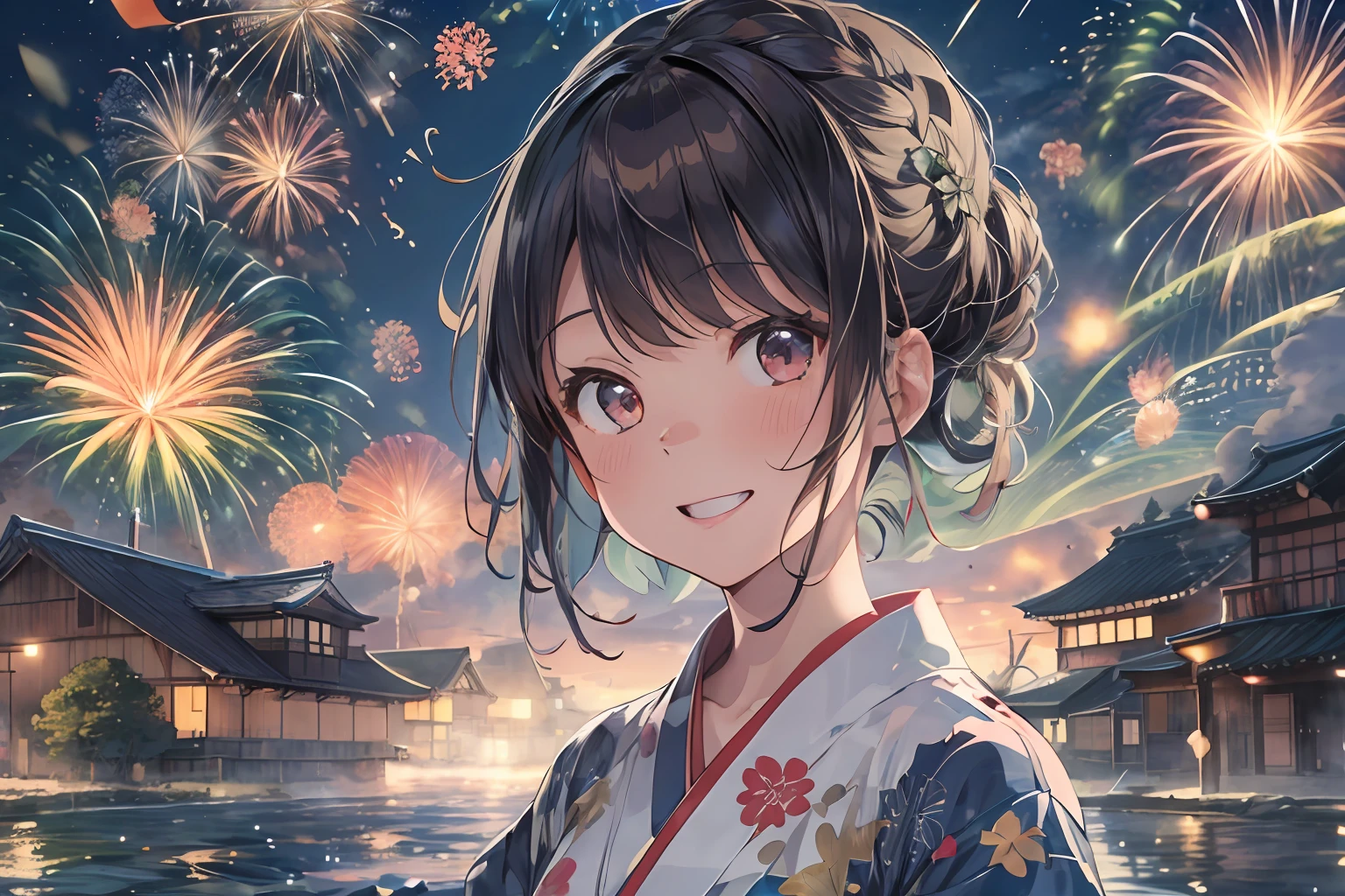 Beautiful Japan girl yukata、(Fireworks in the vast night sky),(top-quality、8K、32K、​masterpiece、nffsw:1.3)、(Photorealsitic:1.4)、Raw photography、lite smile、hair adornments,Active Pose、skyrocket、Fireworks glare、depth of fields、lensflare、accurate hands,wakame.wakame,wakame,wakame,wakame,wakame.wakame,wakame,wakame,wakame,wakame.wakame,wakame,wakame,wakame,