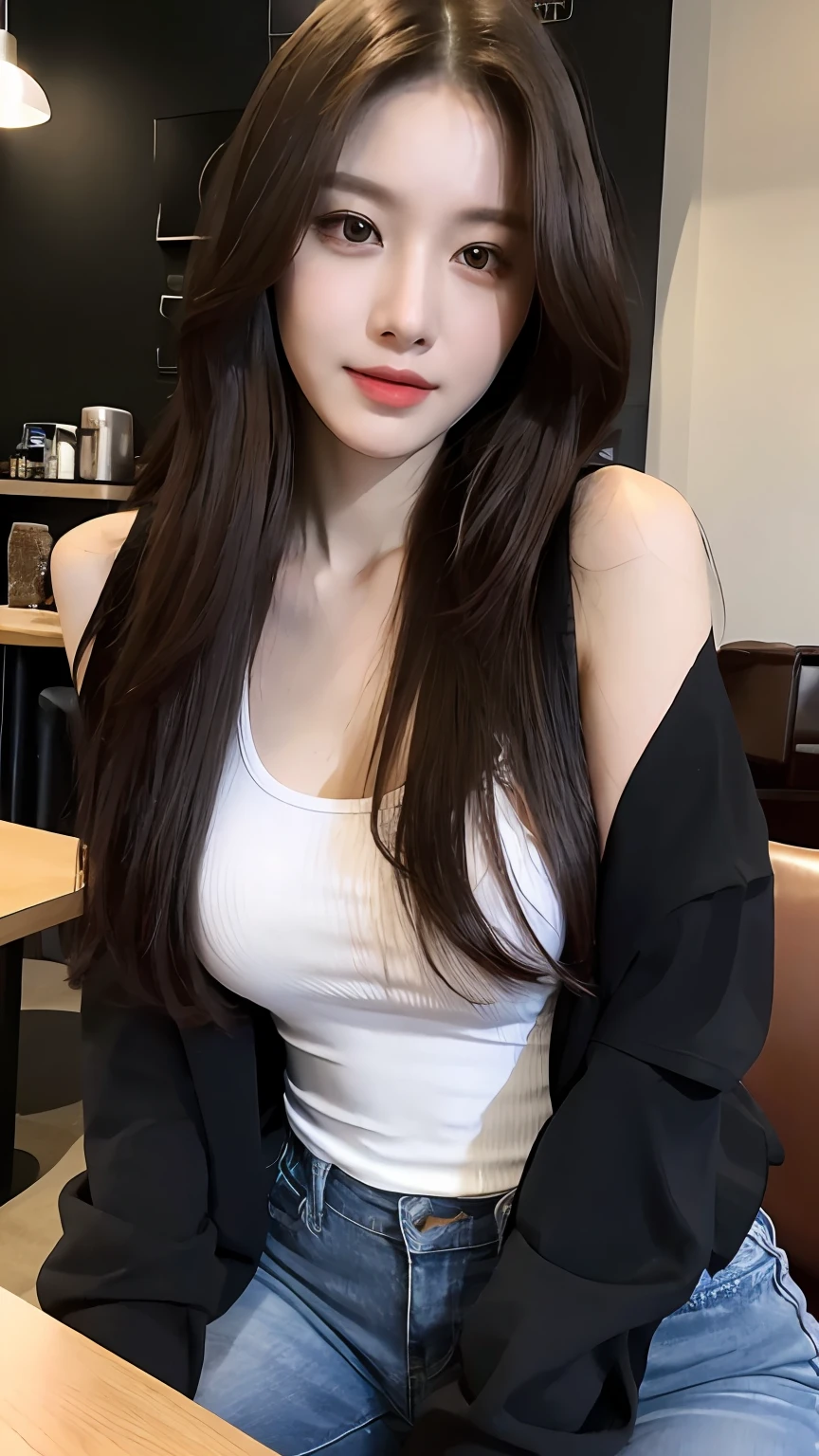 (Realistic, High resolution:1.2), 1 girl, super fine face and eyes, long hair, tight black tank top with black jacket, short jeans, sitting on coffee chair, in café, coffee on table, big breasts