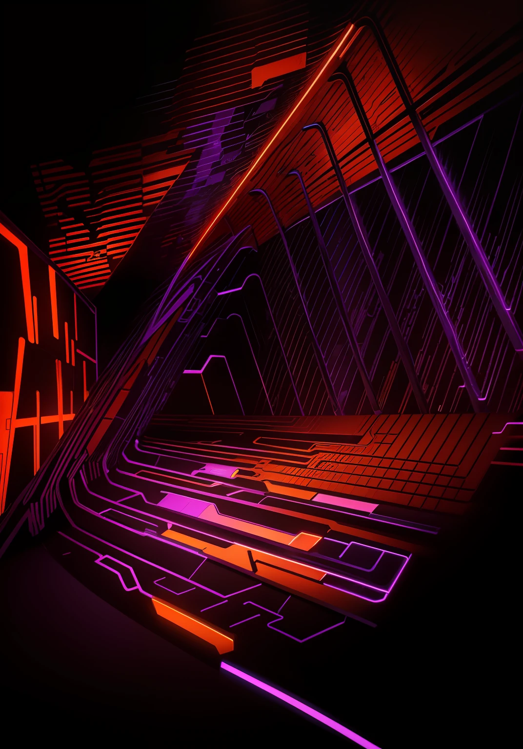 Draw card face，Dark background with orange，Purple lines and black background, glowing lines, Orange in the background，PURPLE NEON MONITOR LIGHT, Orange colors，Purple neon glowing lines, background with neon lighting, illuminated glowing lines, Neon lines, Orange neon background,  illuminated neon lines, The floor is made of black floor tiles