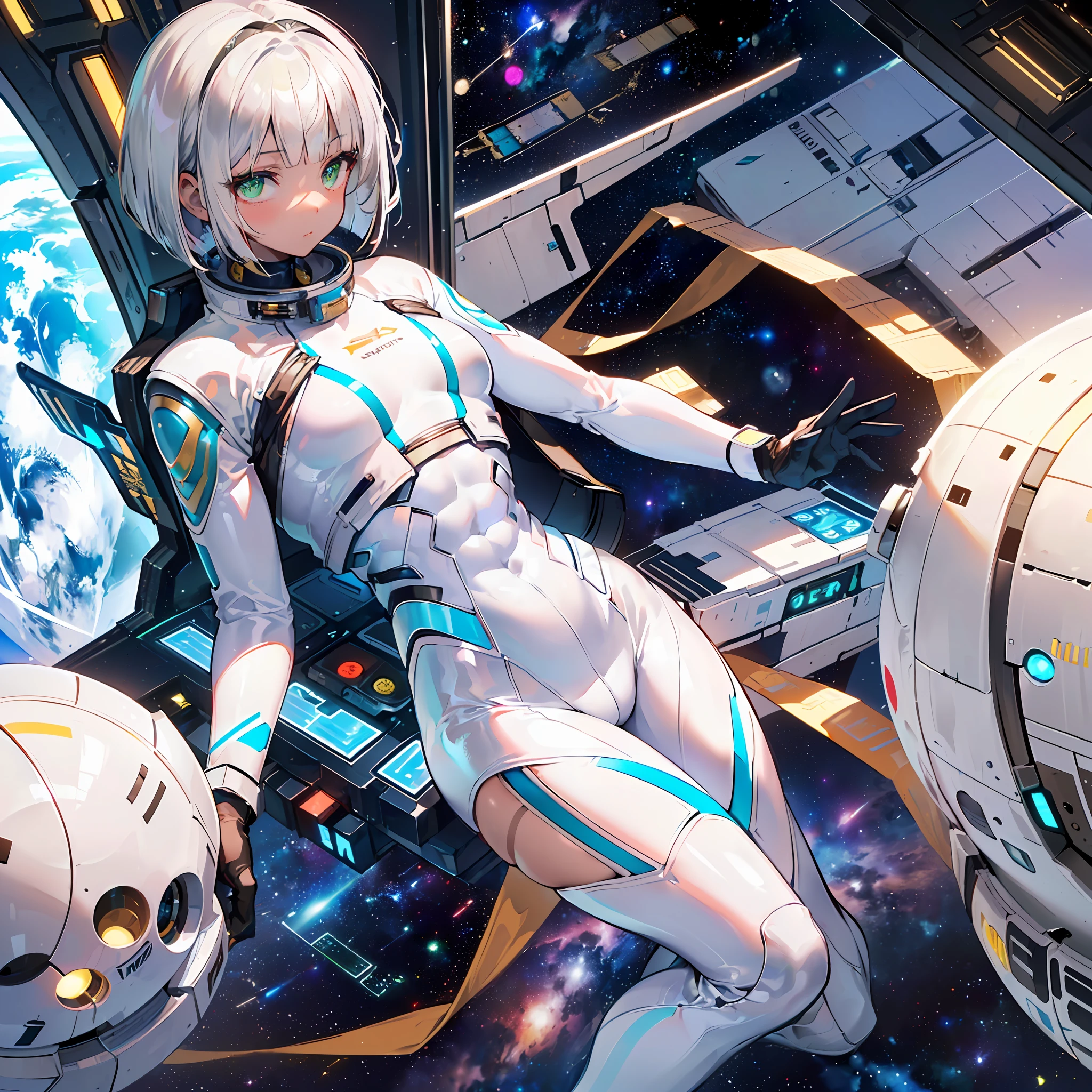 ((Masterpiece)), ((Best Quality)), ((Best Quality)), (Illustration of One Boy), Full Body, ((Bishonen)), (Man's Daughter), (Neutral), (((Silver Hair Bob Cut)), Hair Band, Green Eyes, (((Brown Skin)), (Toned Body), Abs, ((White Pilot Suit)), ((Inside the Spaceship)), (Outside the Window, Space, Earth from Space, Spaceport)