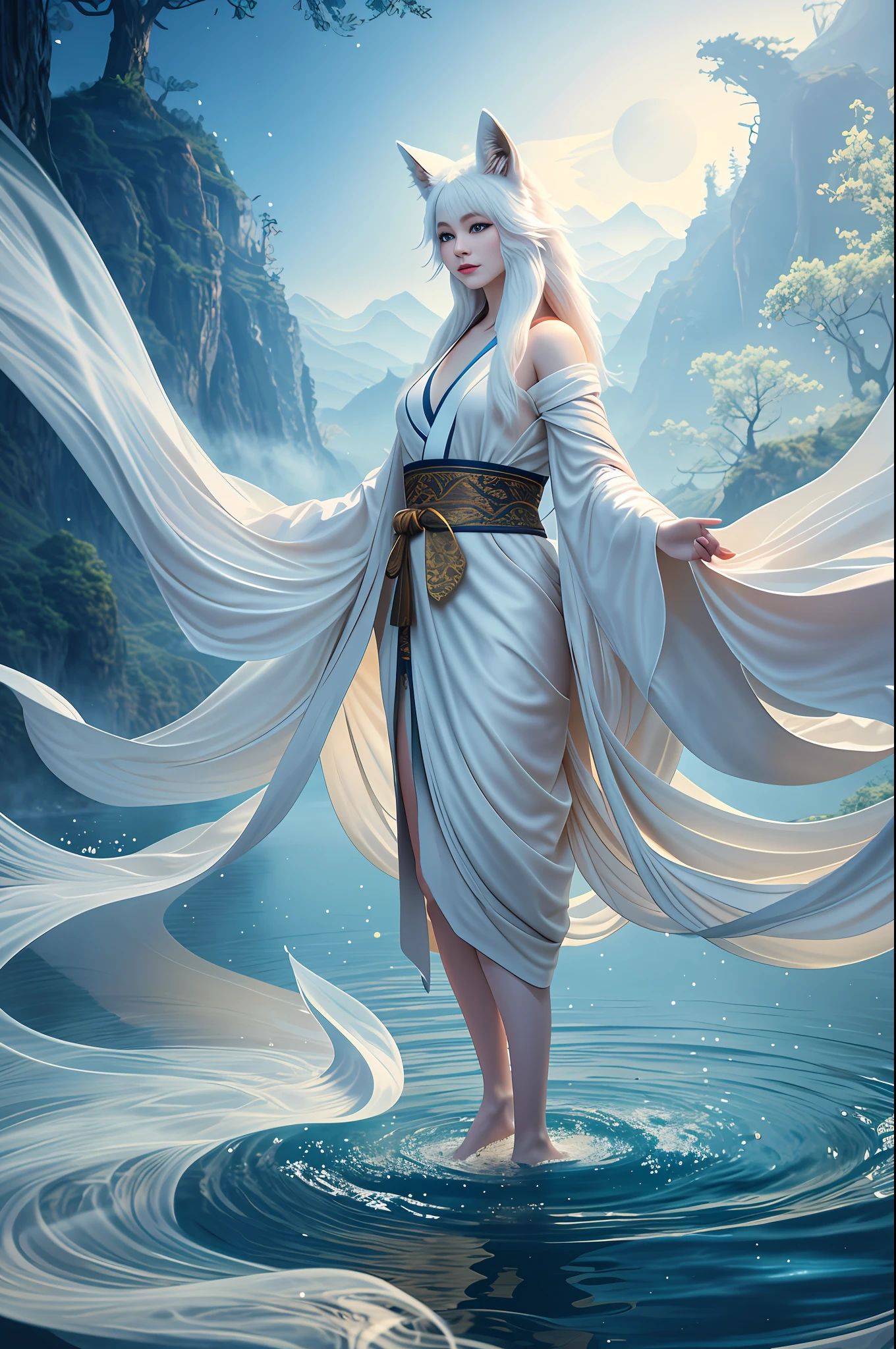 a beautiful and ethereal fox spirit dressed in a flowing white Chinese robe. The image captures the fox spirit standing gracefully on the water's surface, surrounded by white clouds and mist that lend an otherworldly quality to the scene. The fox spirit's long white hair and robes are swept up by the wind, adding movement and fluidity to the image. Use Midjourney's advanced brush tools to create intricate folds and textures in the fox spirit's robes and hair, and experiment with different color palettes and brush strokes to bring out the ethereal quality of the scene. The fox spirit's beauty is further enhanced by the way her image is sometimes obscured by the surrounding mist, giving the scene a sense of mystery and enchantment. With Midjourney's powerful tools, you can bring this captivating and ethereal scene to life with incredible detail and beauty. hdr, (photorealism, masterpiece quality, best quality), , pureerosface_v1,ulzzang-6500-v1.1,