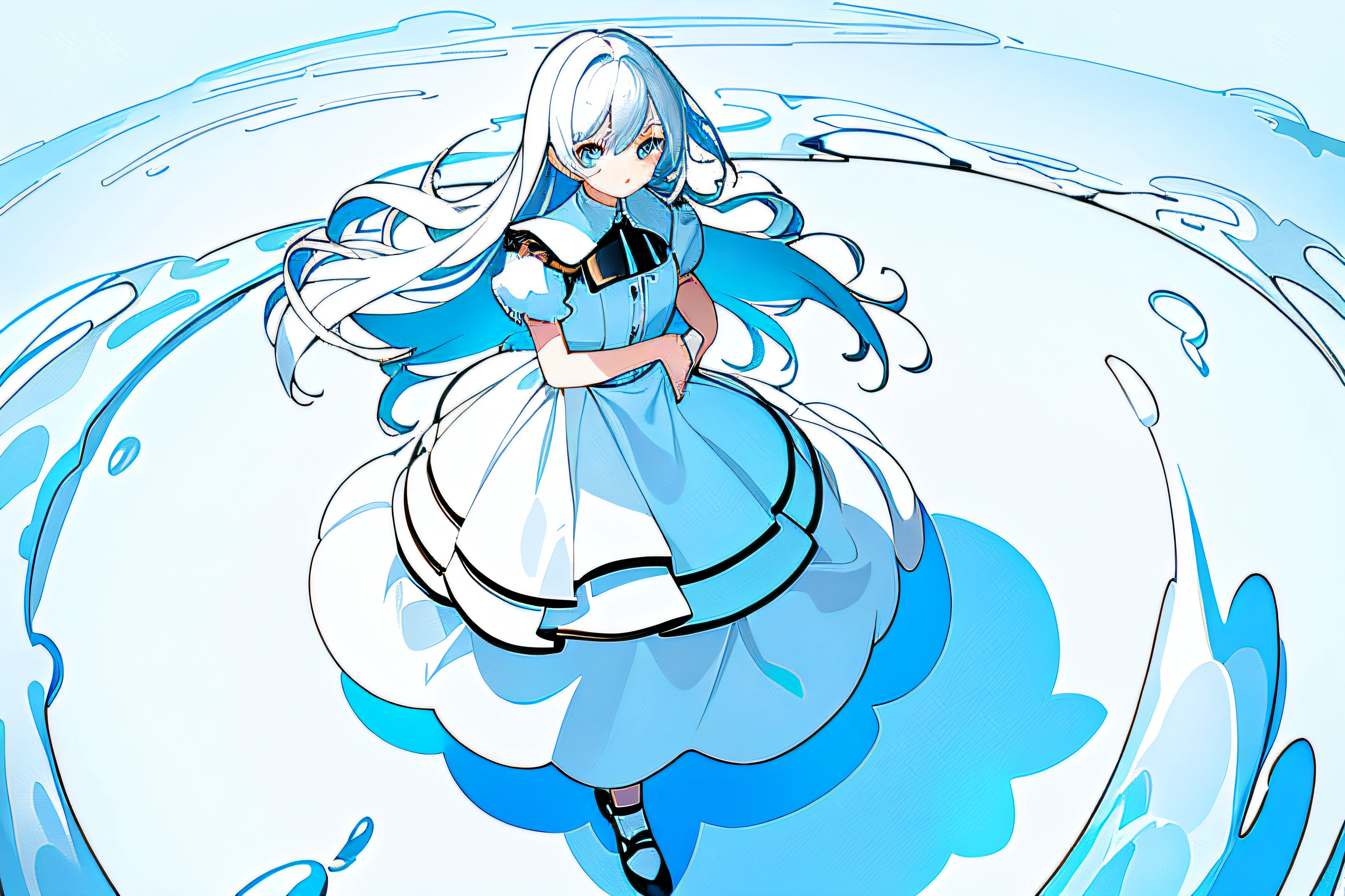 masterpiece,(best quality),(1girl) ,solo,(high contrast:1.2),(high saturation:1.2), ((hands on the pocket)),((black and white sdress)),looking at viewer,((white and light blue theme:1.3)),((white and light blue background:1.5)),white hair,blue eyes,((walking:1.3)),full body,black footwear,((the light blue water on sky and white cloud and day)),((from above:1.2)),Ink painting