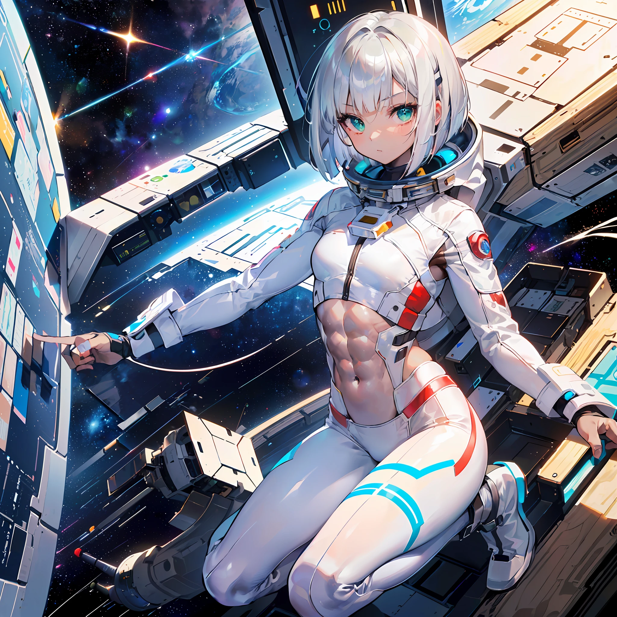 ((Masterpiece)), ((Best Quality)), ((Best Quality)), (Illustration of One Boy), Full Body, ((Bishonen)), (Man's Daughter), (Neutral), (((Silver Hair Bob Cut)), Hair Band, Green Eyes, (((Brown Skin)), (Toned Body), Abs, ((White Pilot Suit)), ((Inside the Spaceship)), (Outside the Window, Space, Earth from Space, Spaceport)