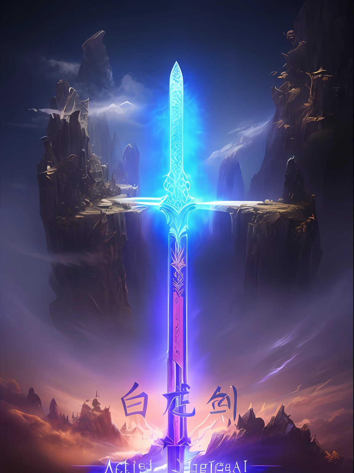 Magic Sword, fantasy sword, magical sword, shinning sword, fantasy sword of warrior, jiang sword, beautiful sword, Fantasy Blade, Glowing sword, Shining sword,Digital 2D fantasy art, sword design，The sword body is carved with auspicious cloud motifs，The hilt is set with crystal，The sky is surrounded by clouds in the background，The sword is in the middle of the cloud，The sword emitted a cold light