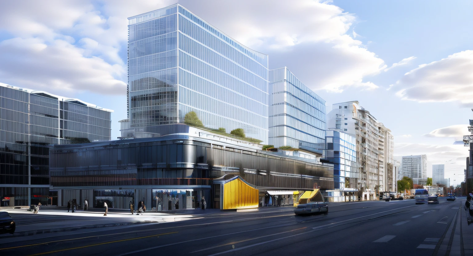 Buildings,Superior apartment,The city is busy,Dense traffic,with blue sky and white clouds,Street trees,Commercial along the street,hyper HD,high qulity,A high resolution,Urban crowds,the street,Clean glass,Regular façade
