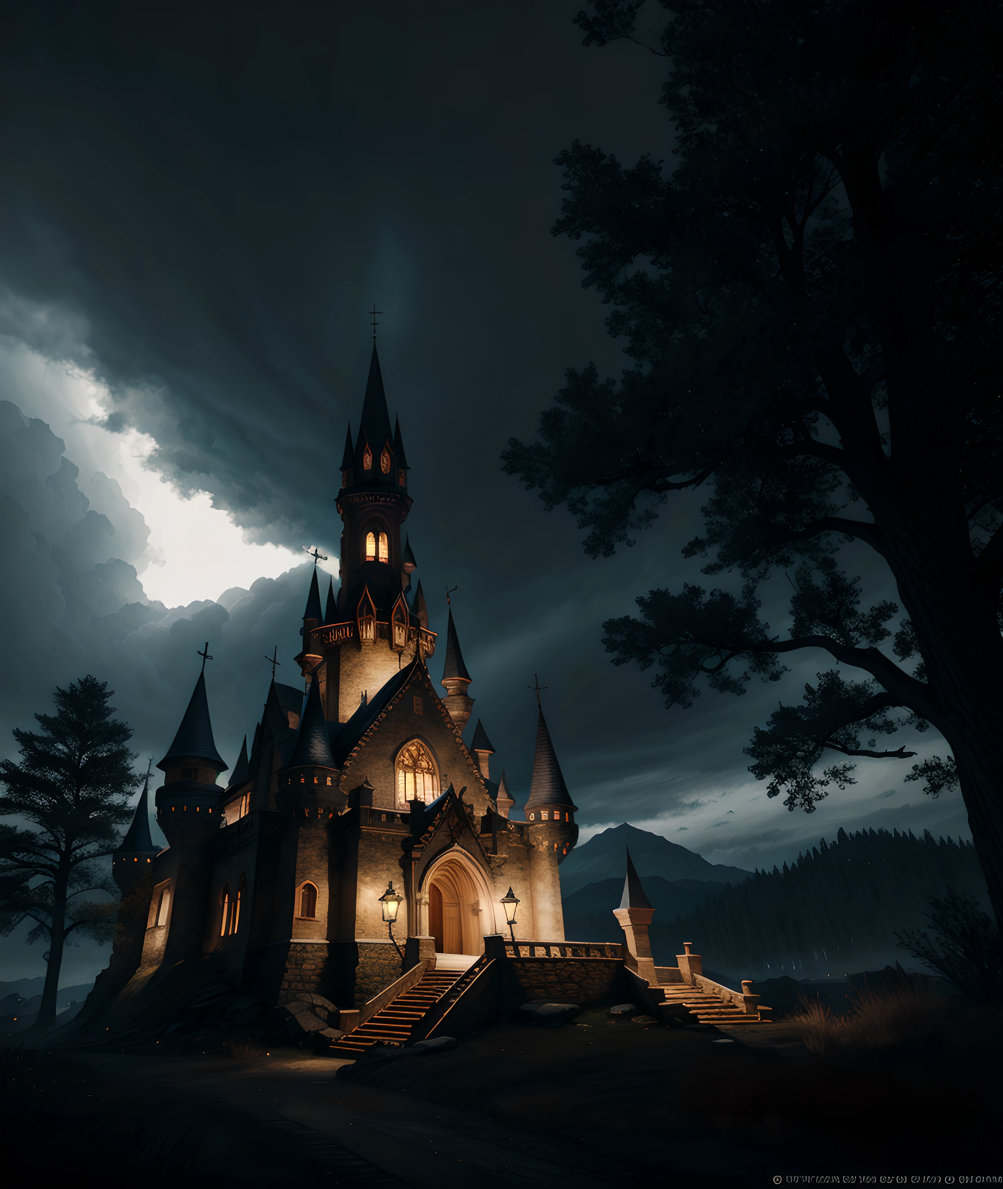 Masterpiece, extremely detailed, UHD 8k, octane render high detail, hyper-detail, create a castle dark and errie it's very presense in the world strikes fear that there is something ethereal even evil in the world that is unexplainable, there is candlelight projecting an evil light, ominous, moonlight, mist, forest surrounding, award winning photography, Photorealistic, volumetric lightning, subdued colors, darkness, dramatic lighting