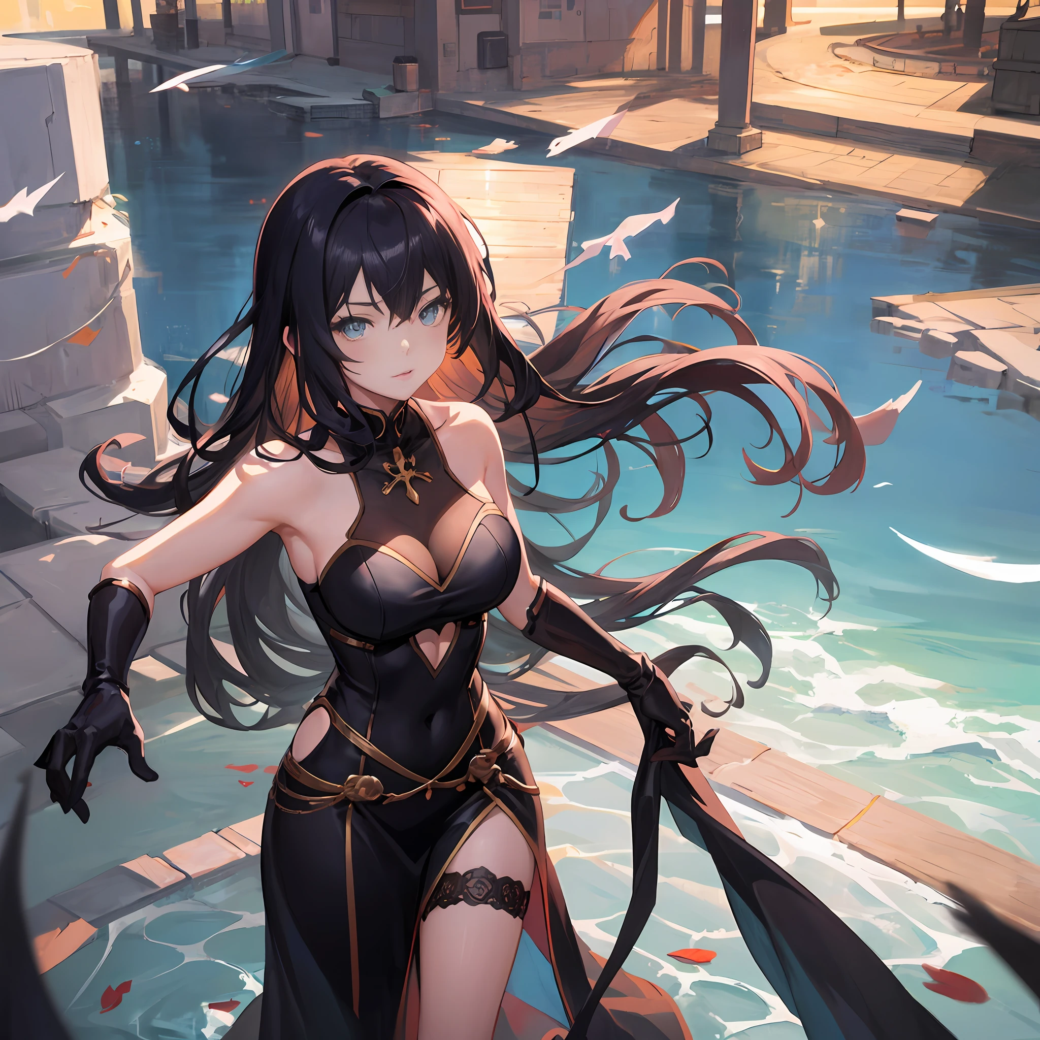 Anime girl in black dress with long hair and black gloves, Anime girl wearing black dress, in dress, seductive anime girls, cute anime waifu in a nice dress, beautiful and seductive anime woman, Extremely detailed Artgerm, Art germ. anime illustration, Guweiz in Pixiv ArtStation, Art germ on ArtStation Pixiv