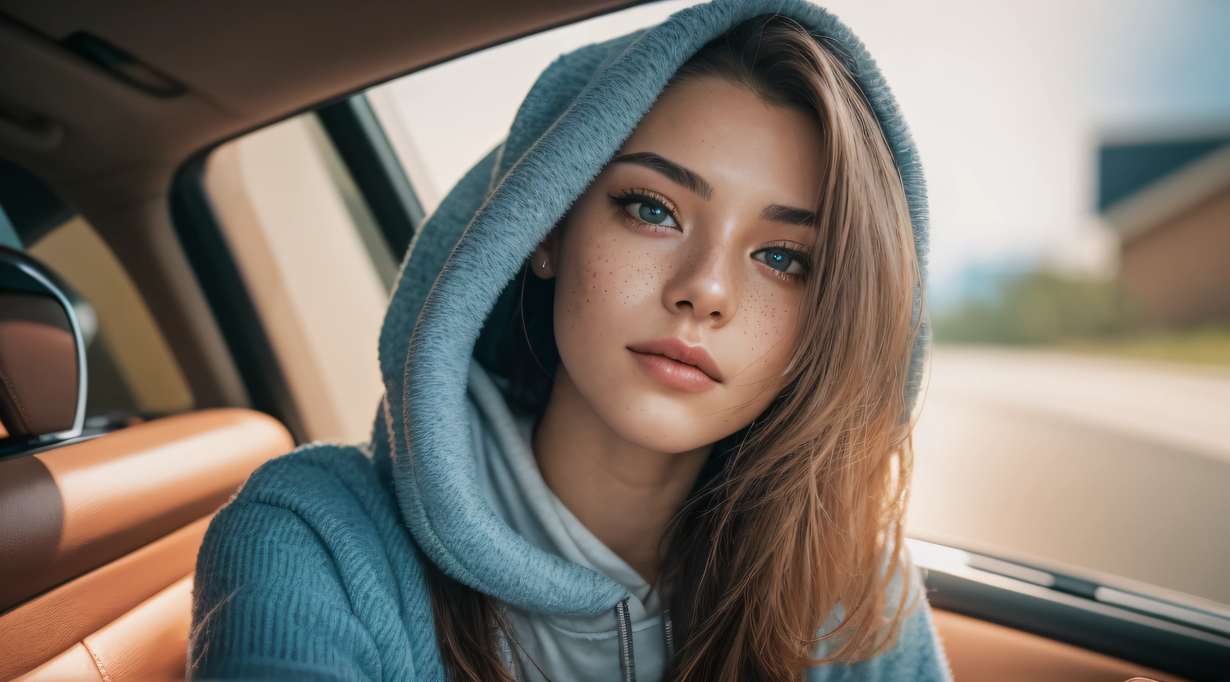 RAW photo, a 22-year-old-girl, upper body, selfie in a car, blue hoodie, (raecmbr-2650:0.9), (r4ec4mbr4:0.95), (1girl), (realistic), (photo-realistic:1.5), inside a car, driving, lipstick, freckles, (short hair), multicolor hair, necklace, (RAW photo, 8k uhd, film grain), Sharp Eyeliner, Blush Eyeshadow With Thick Eyelashes, extremely delicate and beautiful, 8k, soft lighting, high quality, highres, sharp focus, extremely detailed, during the day, (sunlight on face), beautiful detailed eyes, extremely detailed eyes and face, masterpiece, cinematic lighting, (high detailed skin:1.2), 8k uhd, dslr, soft lighting, high quality, film grain, Fujifilm XT3