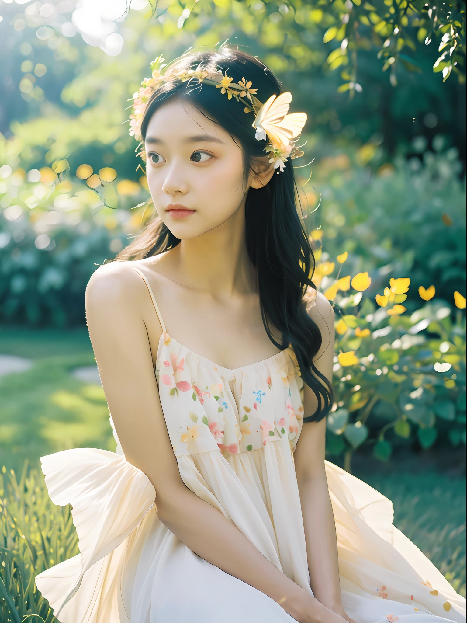1girl, flowing sundress, floral headpiece, delicate makeup, (luminous eyes, smooth skin texture, gentle facial expression), golden hour lighting, serene garden setting, butterflies or flower petals, depth of field, warm color palette, whimsical atmosphere, high-resolution, soft focus.
portrait photography, 35mm film, natural blurry, filmg,