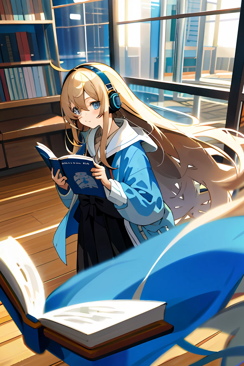 "Lovely wind brunette hair,long whitr hair,Wear headphones,blue color eyes,An otaku reading manga indoors"