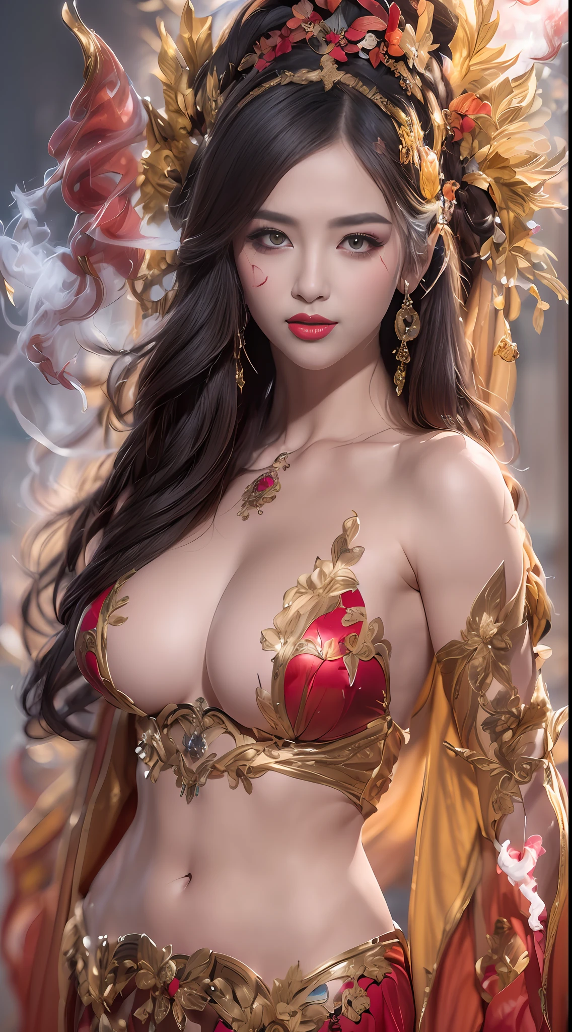 A beautiful 27-year-old saint, a mature and attractive female saint in a thin silk ao dai, nude on her chest, beautiful face without blemishes, wearing a thin colorful silk dress that see through her breasts, ((( Natural smile:1.0)), ((flat bangs:0.5) ), ((((platinum long hair:0.8))) , big crown, hair brooch, hanfu skirt, fanciful hanfu style, page full body strength, forehead tattoo, super even chest, woman face, pretty and pretty face, ((even porcelain teeth: 0.8), light red lipstick the most beautiful and detailed , super flat huge breasts, (((Thin thin plump lips: 0.3)), ((Yellow eye color: 1.2), Detailed and delicate lighting effects, light and dark, light impression, light fanciful, extremely detailed light, true color, super sharp, realistic, 8k quality, fantasy universe background, saintess and fanciful space, the most detailed image, ((Solo:0.3) )), ((a saintess:0.6)) , ((looks straight at the saint's upper body:0.4)), upper body, ((smooth skin:0.5)), ((holy veil: female:1.2)), ((solo:1.3)), ((alone girl :1.3)), saint portrait, short photo, Body portrait, ((((open mouth:0.6))), Digital Realistic, ((fanciful red smoke effect:1.2)),