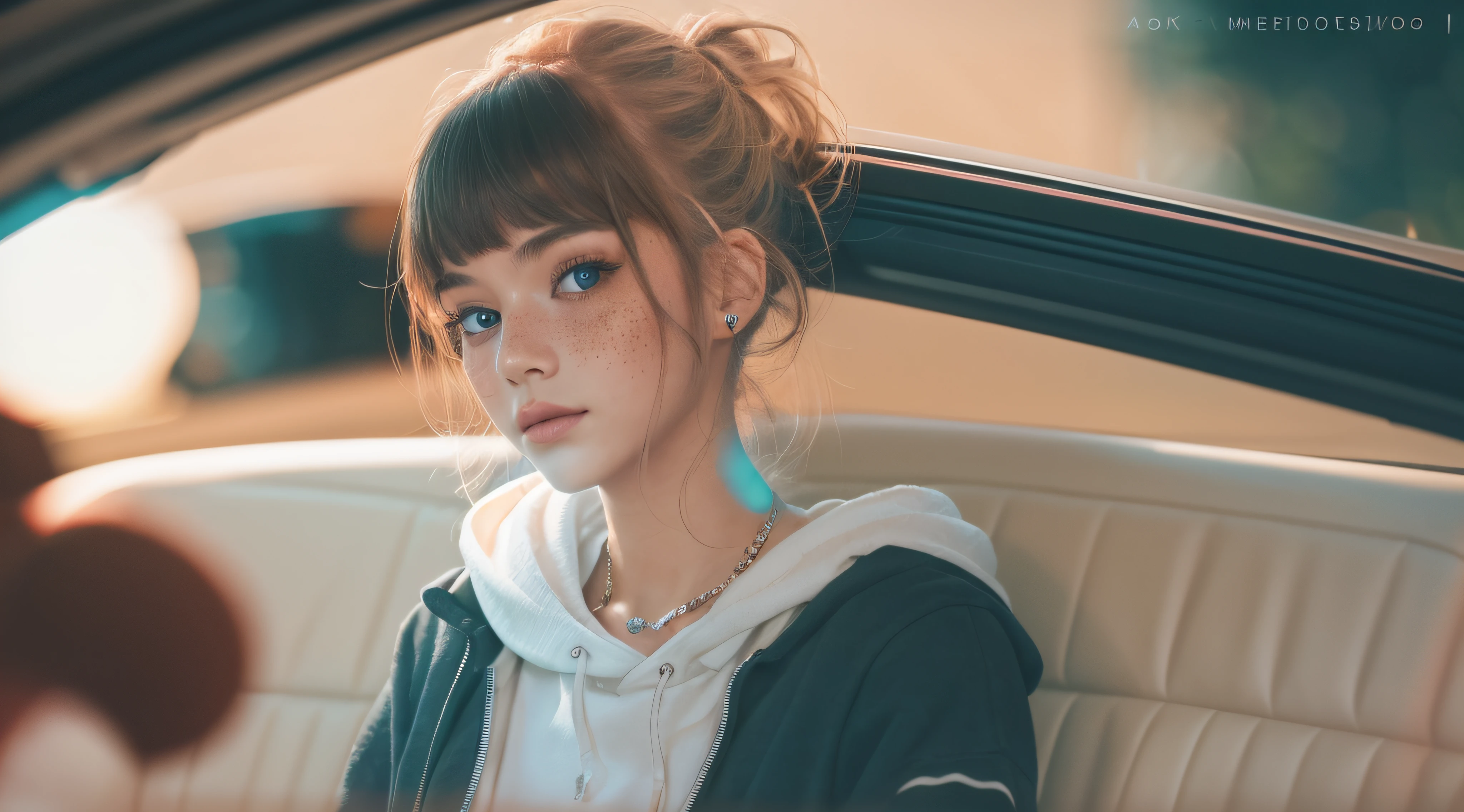 RAW photo, a 22-year-old-girl, upper body, selfie in a car, blue hoodie, (raecmbr-2650:0.9), (r4ec4mbr4:0.95), (1girl), (realistic), (photo-realistic:1.5), inside a car, driving, lipstick, freckles, (short hair), multicolor hair, necklace, (RAW photo, 8k uhd, film grain), Sharp Eyeliner, Blush Eyeshadow With Thick Eyelashes, extremely delicate and beautiful, 8k, soft lighting, high quality, highres, sharp focus, extremely detailed, during the day, (sunlight on face), beautiful detailed eyes, extremely detailed eyes and face, masterpiece, cinematic lighting, (high detailed skin:1.2), 8k uhd, dslr, soft lighting, high quality, film grain, Fujifilm XT3