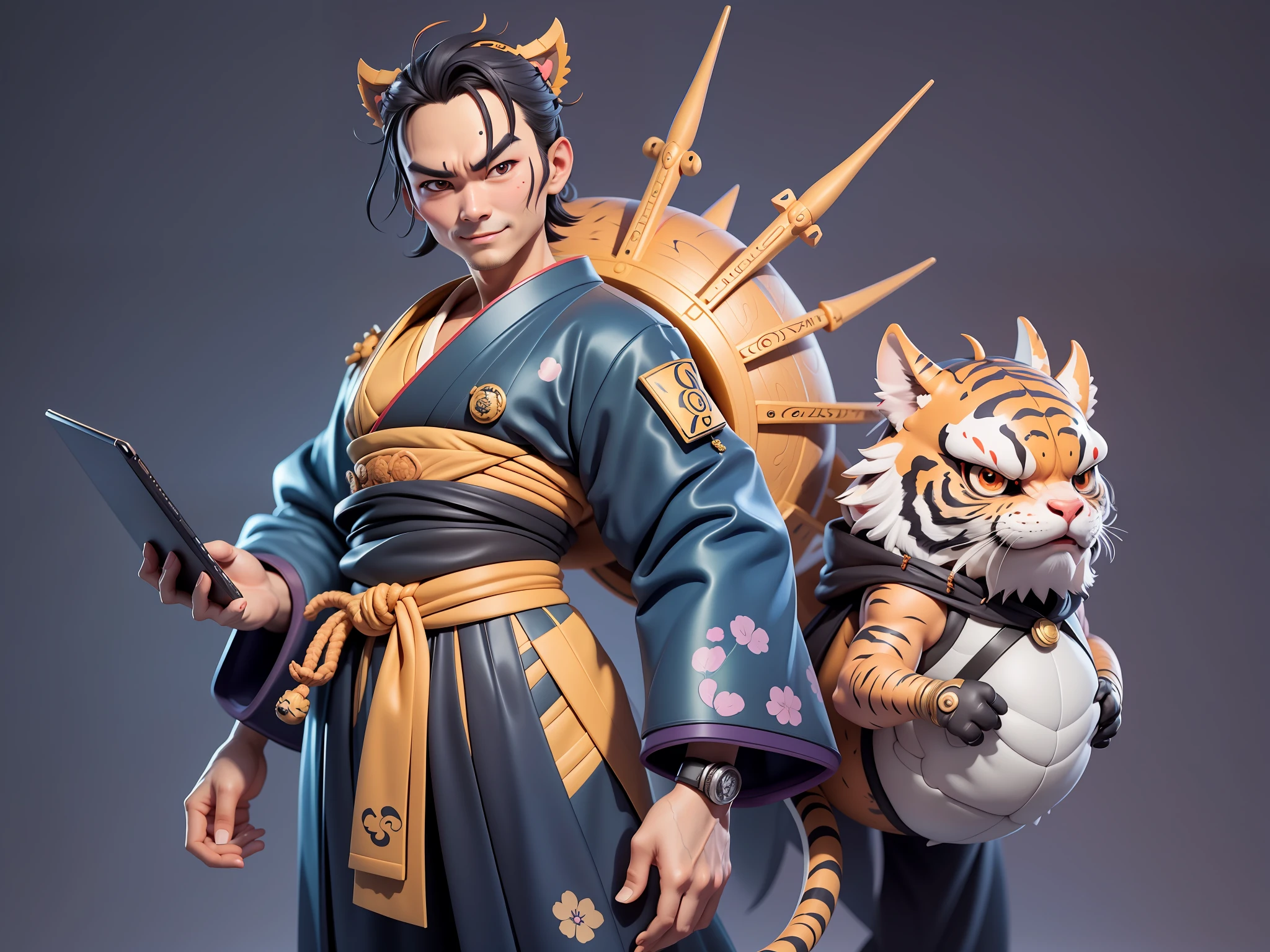 (Daisaku),(Need),(Super meticulous),(full bodyesbian:1.2),Japanese ukiyo-e girl，japanese geisha，Beautiful，Oriental dragon，one tiger，Aeolian Thor，Raised sexy，爆乳，Oriental face，TV Anchor，Bust portrait illustration，Alone，In black suit，a blue tie，The face is slightly chubby，The face was clean，without a beard，Black super short hair，Black eyes，Smile confidently，3C computer sub-products，iPad， iphone，Digital painting，3D character design by Mark Clairen and Pixar and Hayao Miyazaki and Akira Toriyama，The illustration is a high-definition illustration in 4K resolution，With very detailed facial features and cartoon-style visuals。
