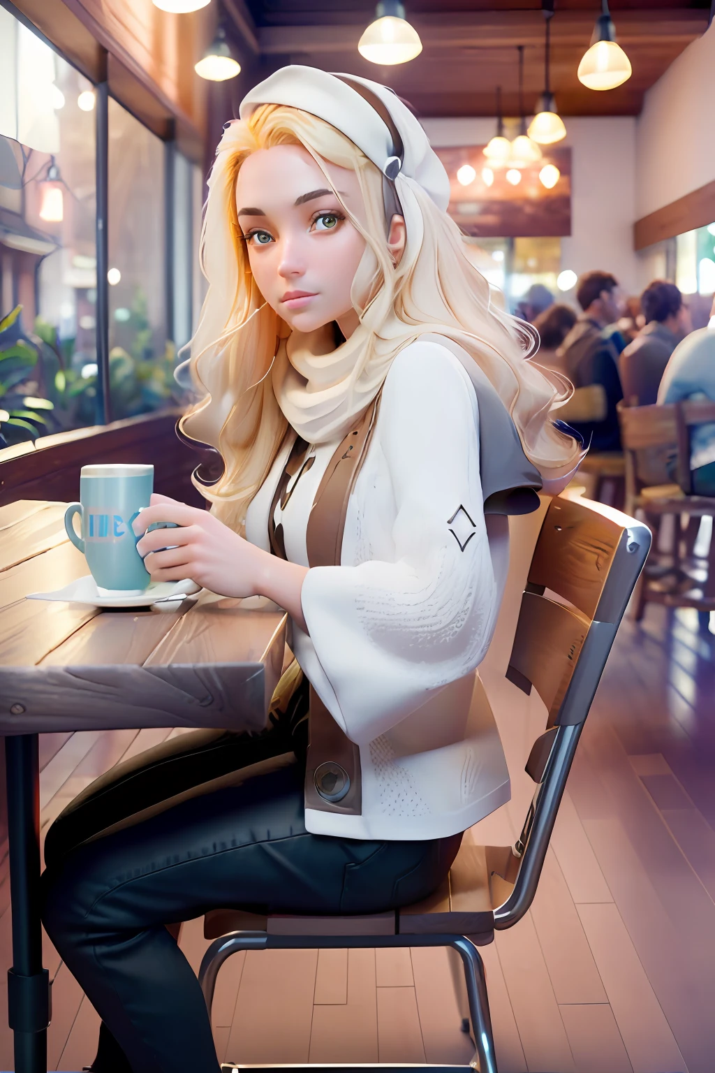 a girl sitting on a chair outside of a coffee shop, (large coffee shop:1.4), (wooden chairs:1.4), (table:1.4), drinking coffee, (coffee mug:1.4), Thick Body, (Long Blond Hair:1.4), Green Eyes, HDR (High Dynamic Range), Ray Tracing, NVIDIA RTX, Super-Resolution, Unreal 5, Subsurface Scattering, PBR Texturing, Post-Processing, Anisotropic Filtering, Depth-Of-Field ,Maximum Clarity And Sharpness, Multi-Layered Textures, Albedo And Specular Maps, Surface Shading, Accurate Simulation Of Light-Material Interaction, Octane Render, Two-Tone Lighting, Low ISO, White Balance, Rule Of Thirds, Wide Aperture, 8K RAW, Efficient Sub-Pixel, Sub-Pixel Convolution, (Luminescent Particles:1.4), {{Masterpiece, Best Quality, Extremely Detailed CG, Unity 8k Wallpaper, 3D, Cinematic Lighting, Lens Flare}}, perfect fingers, perfect clothes,