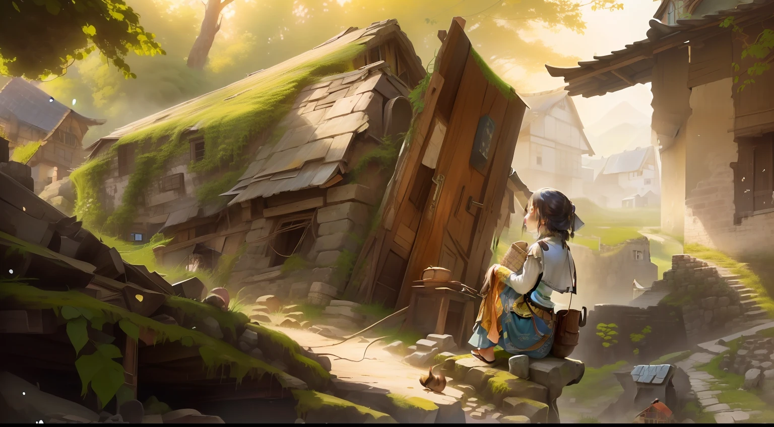 An antique girl sits sideways on a stone and teases the cat,Squint,There is a stone building with doors and windows, Mushroom hut in the background, abandoned japaense village, qiangshu, Stone and wood, ancient city of white stone, 8K)), behind a tiny village, watch from the side, Village, in a village, Detailed picture, nostalgic vibes, author:Ann Text, makeshift houses