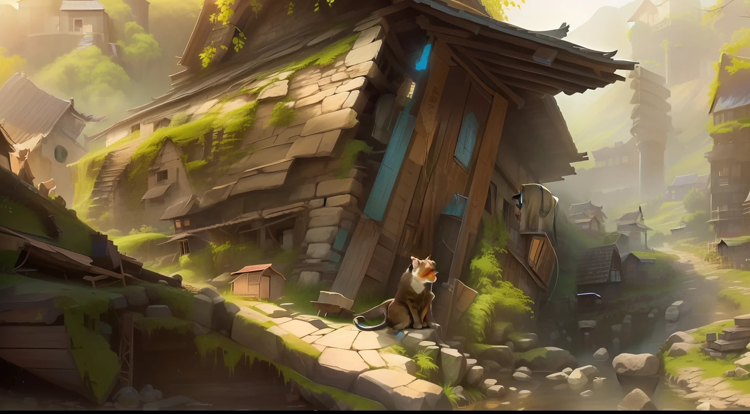 An antique girl sits sideways on a stone and teases the cat，Squint，There is a stone building with doors and windows, Mushroom hut in the background, abandoned japaense village, qiangshu, Stone and wood, ancient city of white stone, 8K)), behind a tiny village, watch from the side, Village, in a village, Detailed picture, nostalgic vibes, author：Ann Text, makeshift houses