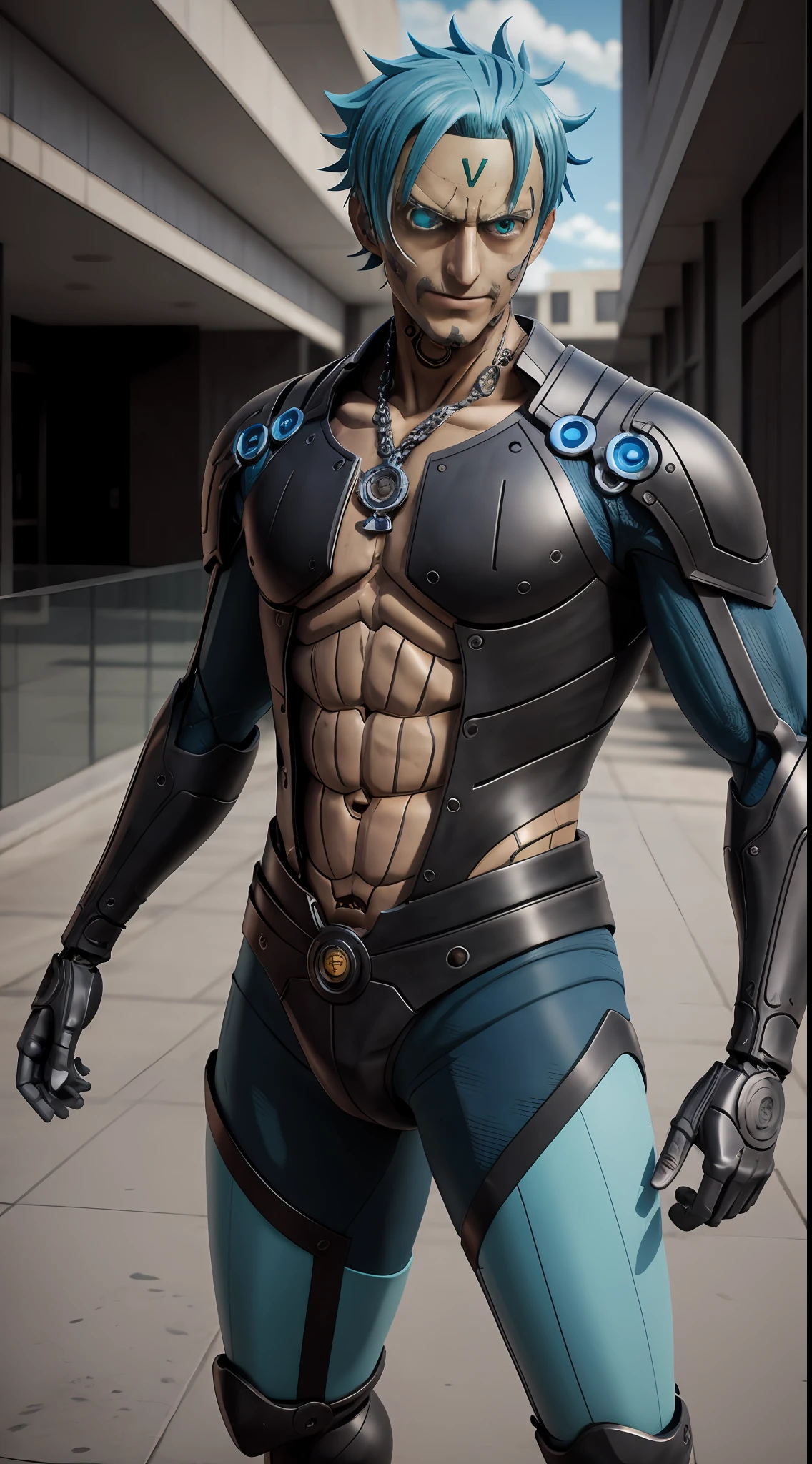 A man cosplay one piece franky live in action, high - resolution, photography realistic style, real live, 8k