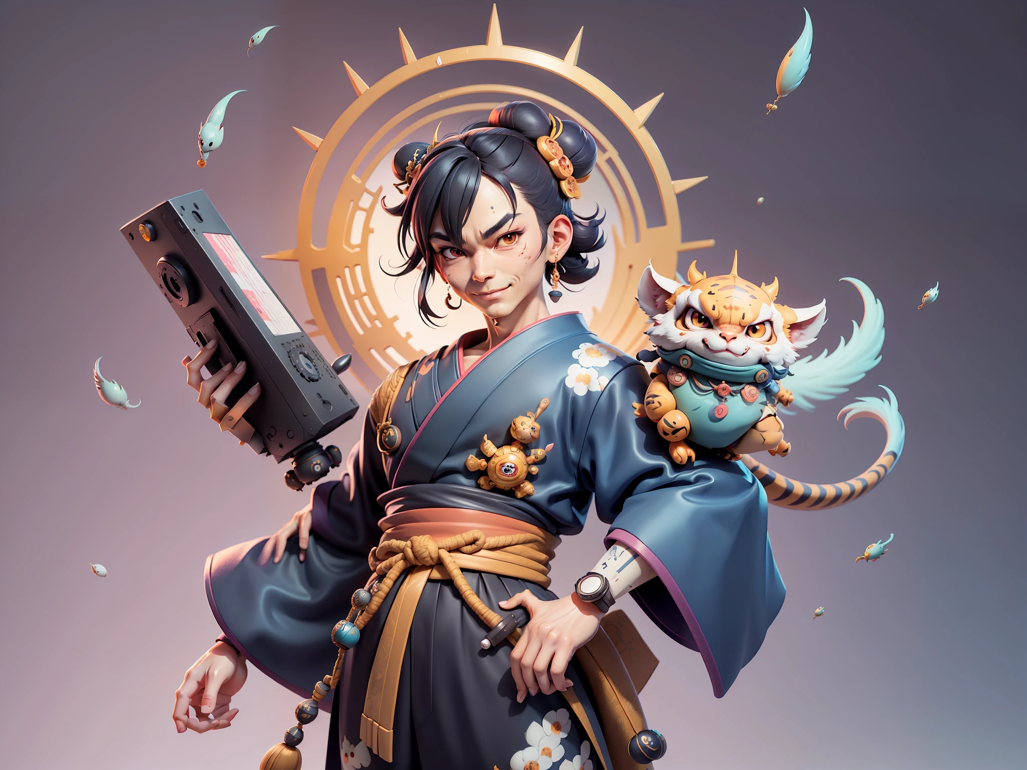(Daisaku),(Need),(Super meticulous),(full bodyesbian:1.2),Japanese ukiyo-e girl，japanese geisha，Beautiful，Oriental dragon，one tiger，Aeolian Thor，Raised sexy，爆乳，Oriental face，TV Anchor，Bust portrait illustration，Alone，In black suit，a blue tie，The face is slightly chubby，The face was clean，without a beard，Black super short hair，Black eyes，Smile confidently，3C computer sub-products，iPad， iphone，Digital painting，3D character design by Mark Clairen and Pixar and Hayao Miyazaki and Akira Toriyama，The illustration is a high-definition illustration in 4K resolution，With very detailed facial features and cartoon-style visuals。