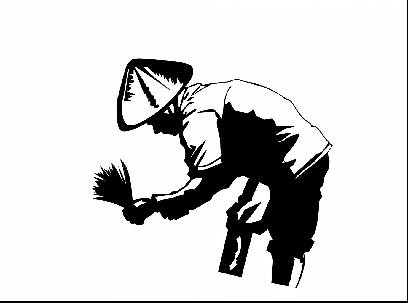 Alafeld man in hat and hat holding a brush, farmer, gardening, black and white vector art, Detailed silhouette, stylized silhouette, bold line art, Artistic rendering, Black and white illustration, high contrast illustrations, Official illustration, figure silhouettes, high contrast illustrations, illustration black outlining, vector ink drawing, man with scythe, Artistic illustration
