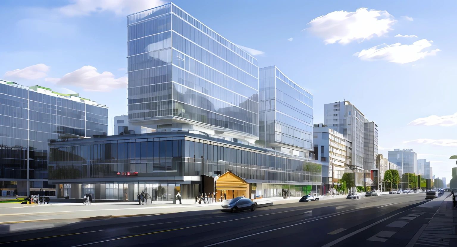 Buildings，Superior apartment，The city is busy，Dense traffic，with blue sky and white clouds，Street trees，Commercial along the street，hyper HD，high qulity，A high resolution，Urban crowds，the street，Clean glass，Regular façade