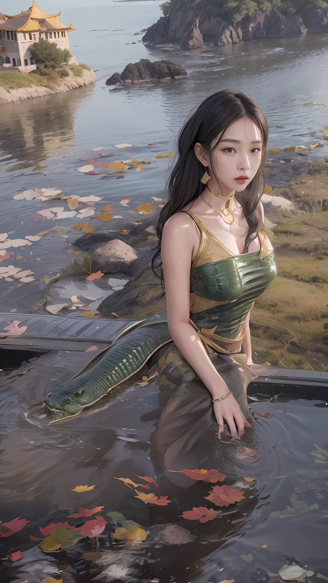 wet lands，（tmasterpiece，k hd，hyper HD，16k）brunette color hair，15 year old girl，Multi-layer gauze skirt，Hollow gold thread crown jade setting，Rouge lips，Cherry mouth，Focus on the neckline，Soft hair like slippery silk，Sparkling，Almost reluctant to look away，She wears a suspender cheongsam！Imagine that，She just wore a cheongsam to the bustling big castle，One can't help but want to take a closer look，Take a closer look, desi，Her belly pocket is quite stylish，The skirt flutters in the wind，It's like adding a touch of energy to the whole street，Crocodile skin train，A sneak peek angle，（From the angle below），Sit in the seat of the monitor lizard，sitting in front，Zoom camera，head portrait，Head down and sleepy-eyed，Look at the ground， best qualtiy， hyper HD， （realisticlying：1.4），， A high resolution， the detail， RAW photogr， Sharp Re， Nikon D850 Film Stock Photo by Jefferies Lee 4 Kodak Portra 400 Camera F1.6 shots, Rich colors, ultra-realistic vivid textures, Dramatic lighting, Unreal Engine Art Station Trend, cinestir 800，