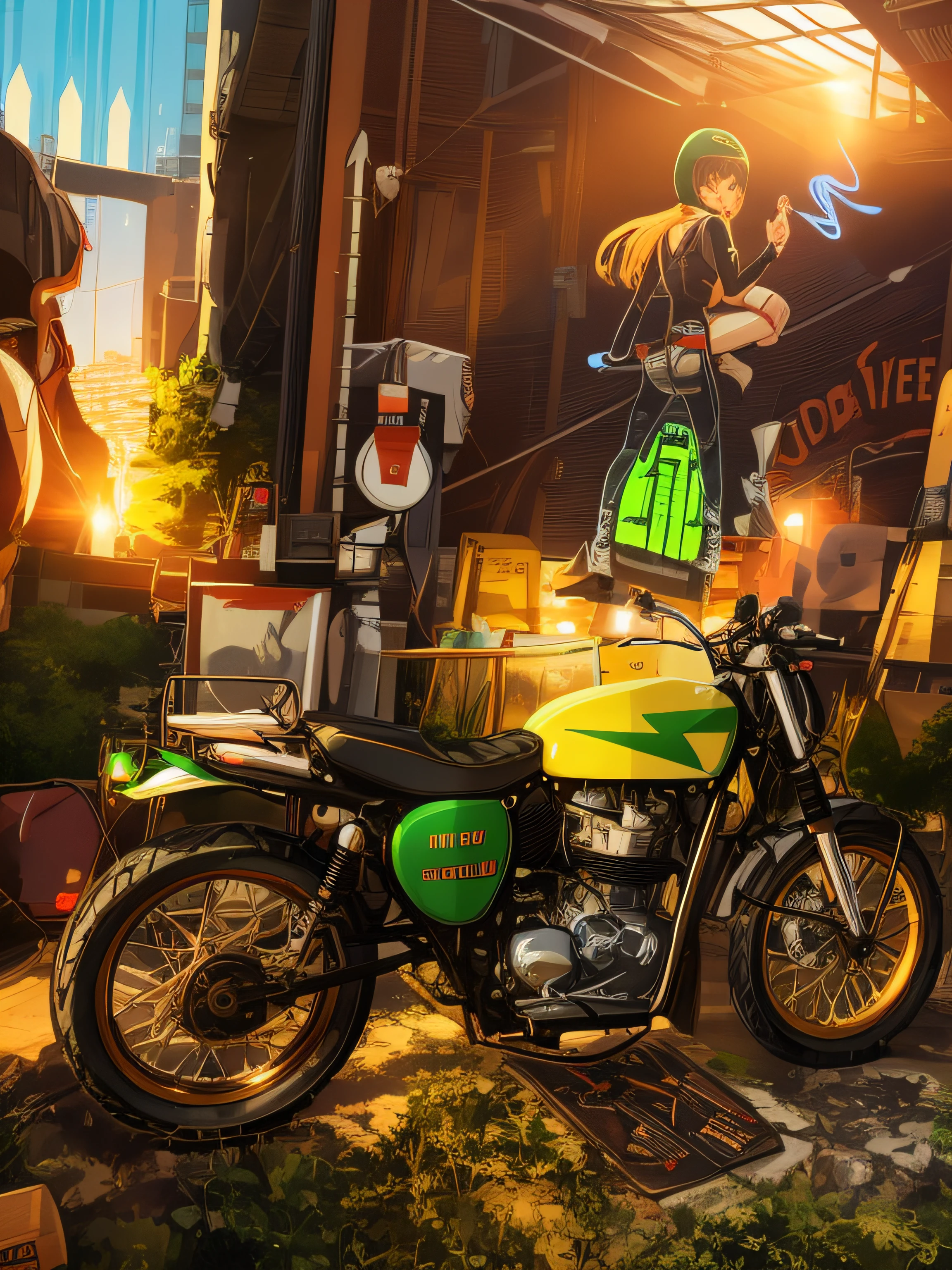 (nvinkpunk:1.2) snthwve style motorcyle, lightwave, sunset, intricate, highly detailed, green colour,