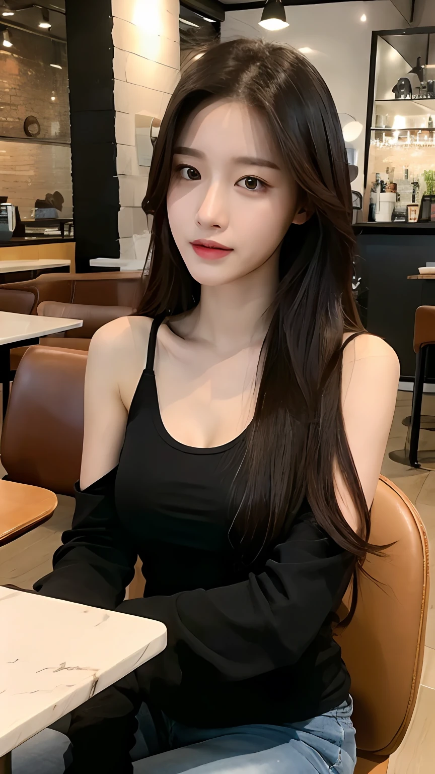(Realistic, High resolution:1.2), 1 girl, super fine face and eyes, long hair, tight black tank top with black jacket, short jeans, sitting on coffee chair, in café, coffee on table, big breasts