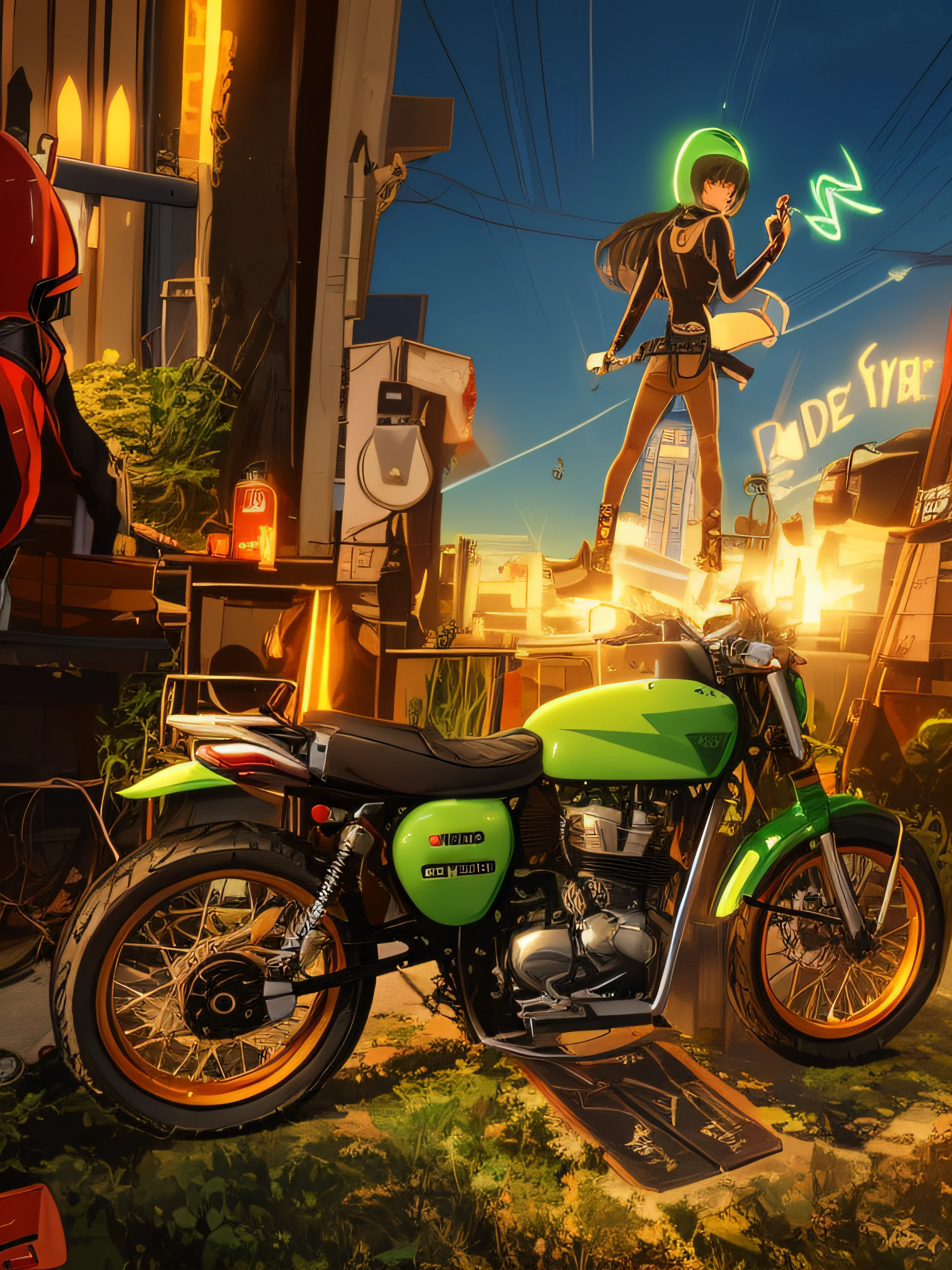 (nvinkpunk:1.2) snthwve style motorcyle, lightwave, sunset, intricate, highly detailed, green colour,