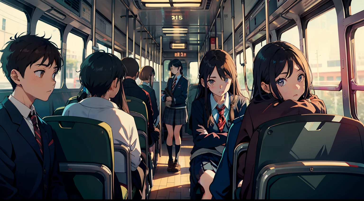 In the bus,schoolgirls,Wear a sweatshirt,Boys wear suits