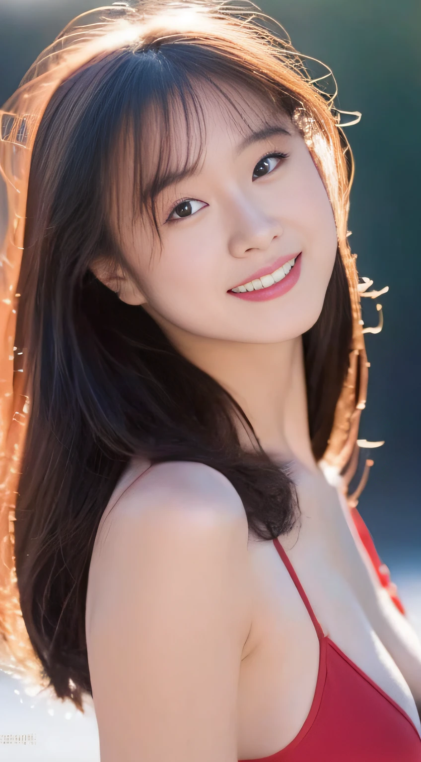 top-quality。８K-Picture。Young gravure idols。Beautiful Women in Perfect Style。Slender but big breasts。The attraction of the gap。Slim abs。dark brown  hair。(Colossal tits：1.4)。kawaii eyes。Double eyelids。long, Wavy Hair。Very delicately drawn face。Perfect Style。Shot in a red swimsuit。(The fate of gravure idols、Colossal tits：1.4)。Subtle smile or shyness。