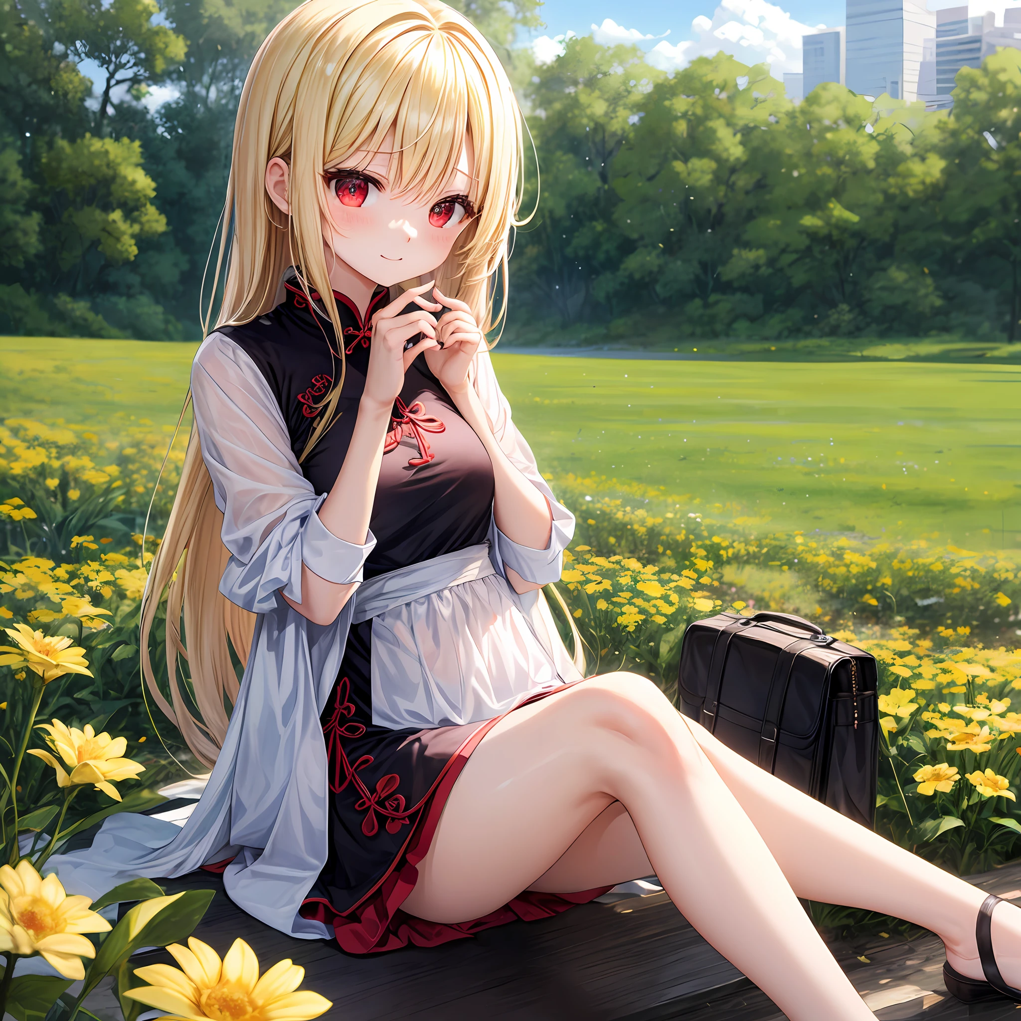 a blond、red eyes、Beautiful girl alone、kawaii、独奏、animesque、qipao dress、a miniskirt、flower  field、sitting on