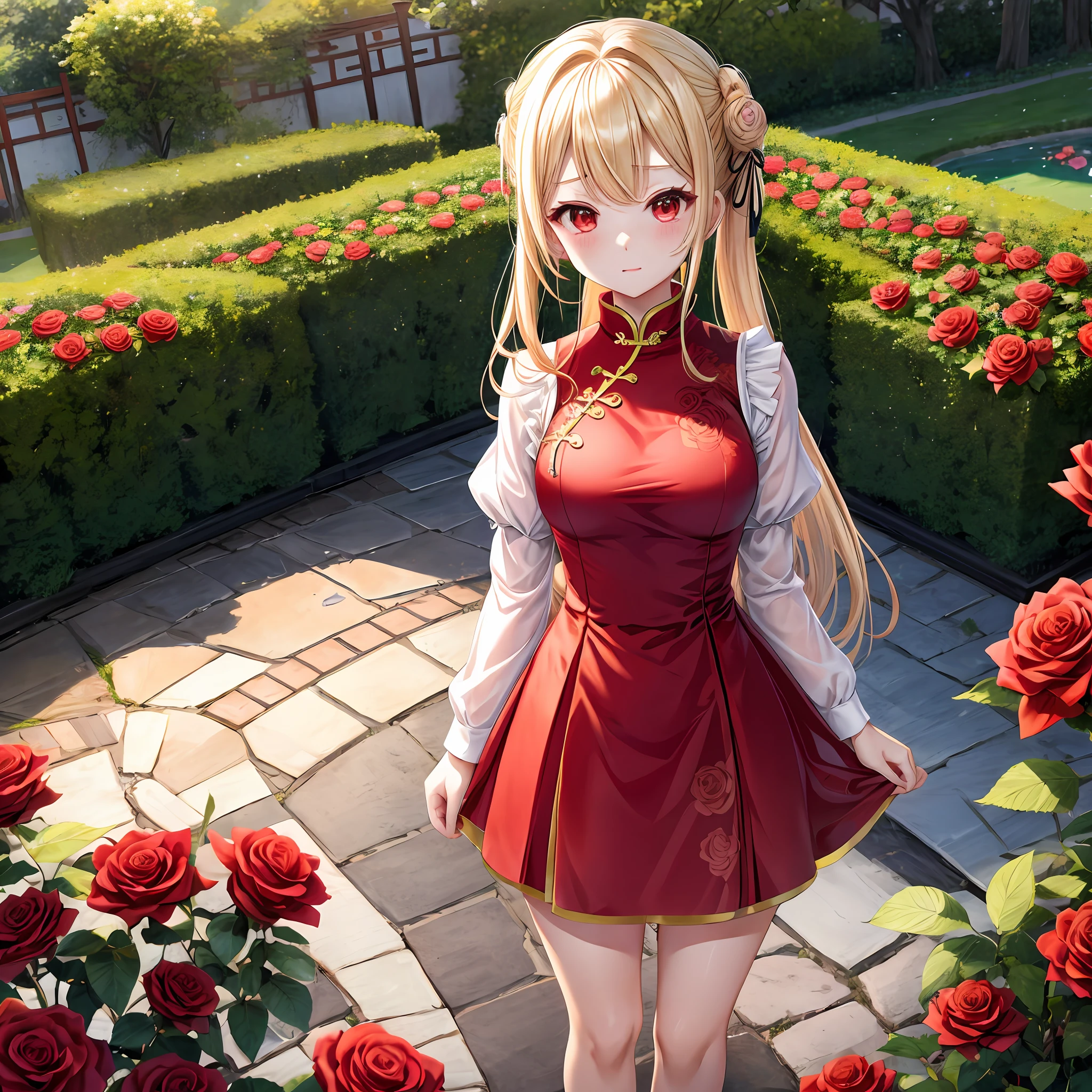 a blond、Hair is up、red eyes、Beautiful girl alone、kawaii、独奏、animesque、qipao dress、a miniskirt、Rose Garden