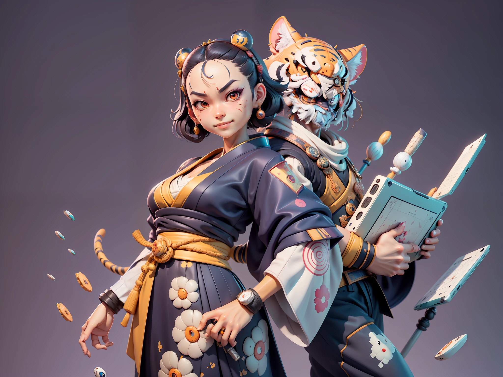 (Daisaku),(Need),(Super meticulous),(full bodyesbian:1.2),Japanese ukiyo-e girl,japanese geisha,Beautiful,Oriental dragon,one tiger,Aeolian Thor,Raised sexy,爆乳,Oriental face,TV Anchor,Bust portrait illustration,Alone,In black suit,a blue tie,The face is slightly chubby,The face was clean,without a beard,Black super short hair,Black eyes,Smile confidently,3C computer sub-products,iPad, iphone,Digital painting,3D character design by Mark Clairen and Pixar and Hayao Miyazaki and Akira Toriyama,The illustration is a high-definition illustration in 4K resolution,With very detailed facial features and cartoon-style visuals。